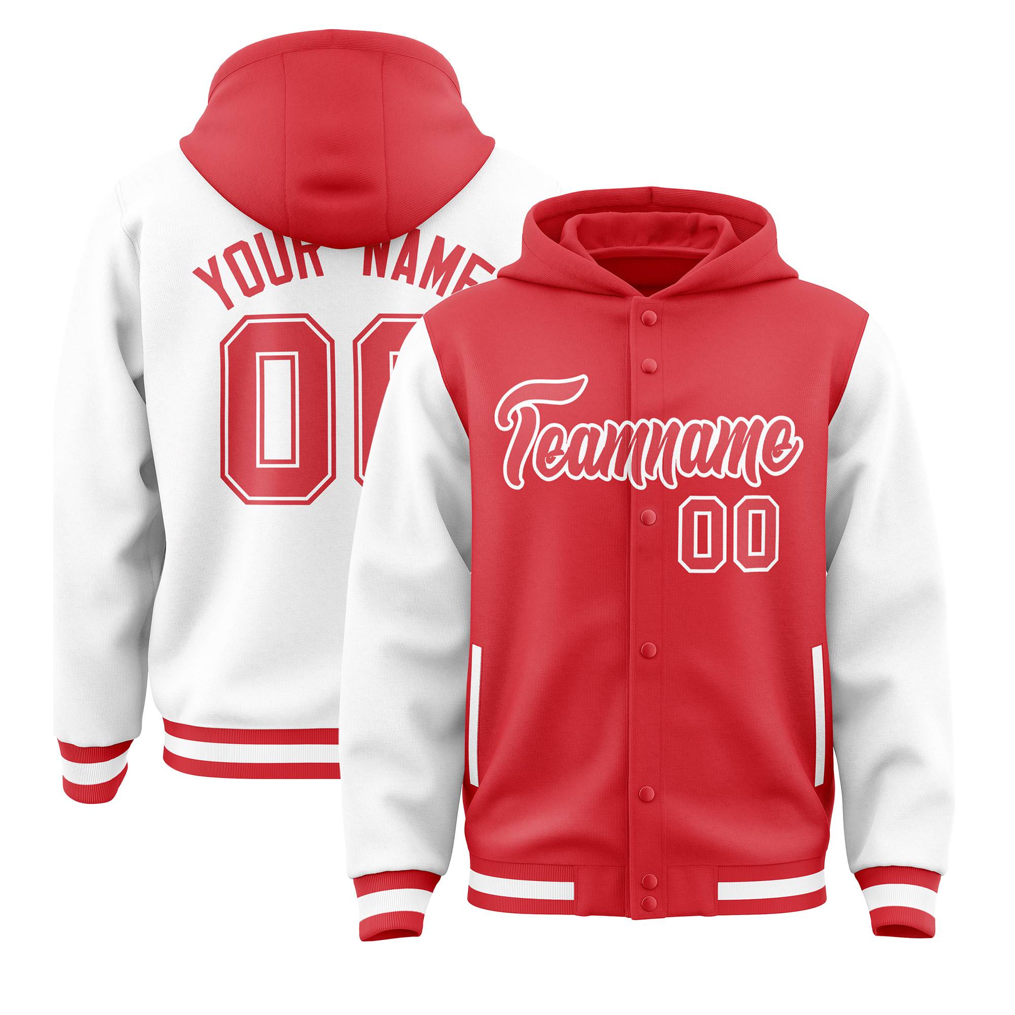 Custom Light Red White Raglan Sleeves Varsity Full-Snap Letterman Two Tone Jacket Hoodie| KXKSHOP