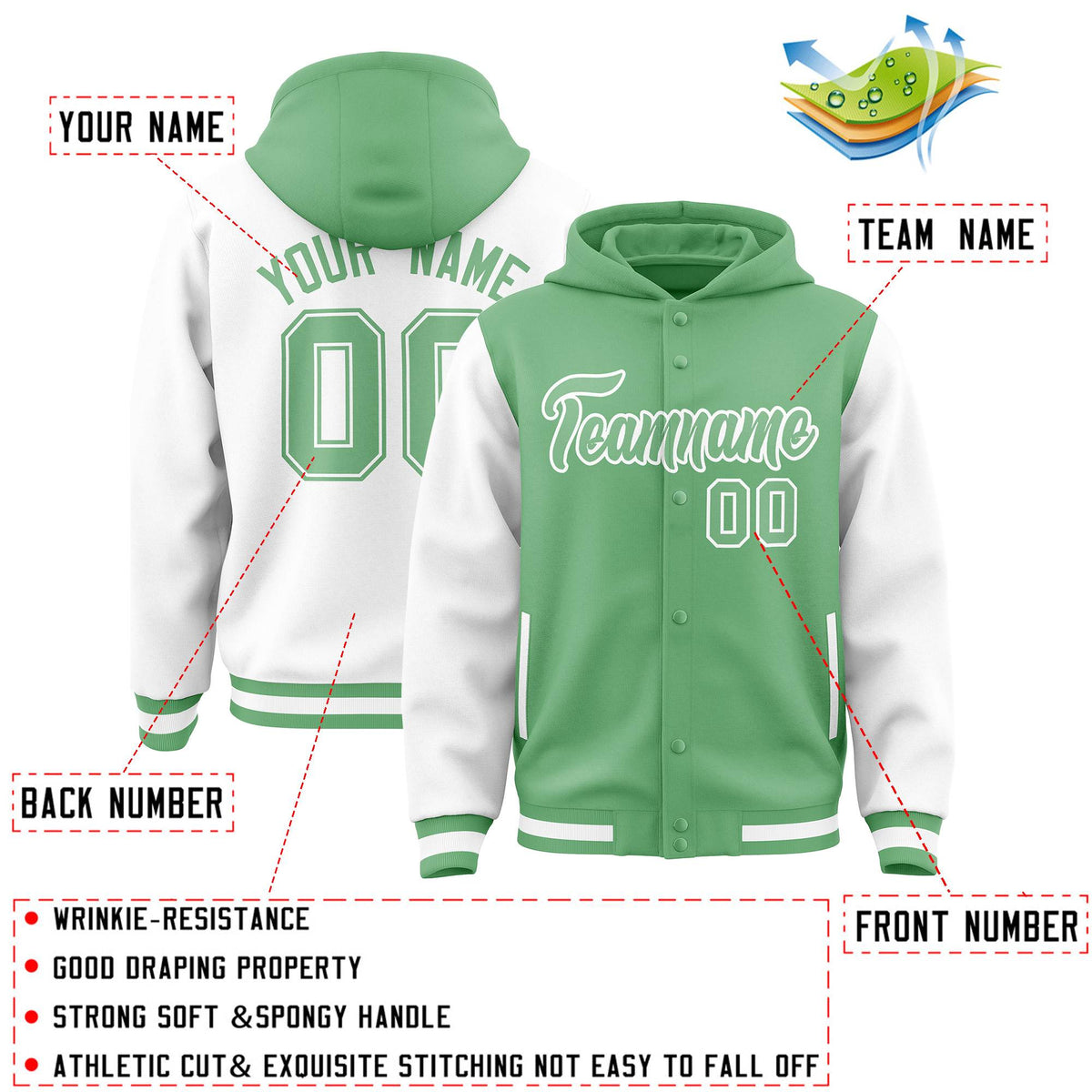 Custom Green White Raglan Sleeves Varsity Full-Snap Letterman Two Tone Jacket Hoodie| KXKSHOP