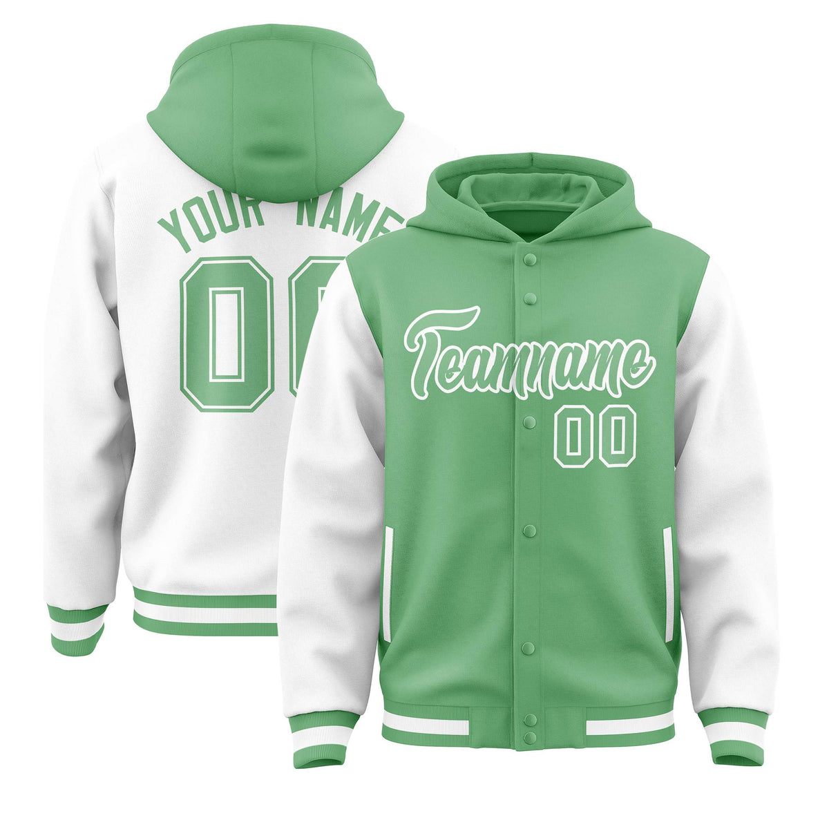 Custom Green White Raglan Sleeves Varsity Full-Snap Letterman Two Tone Jacket Hoodie| KXKSHOP