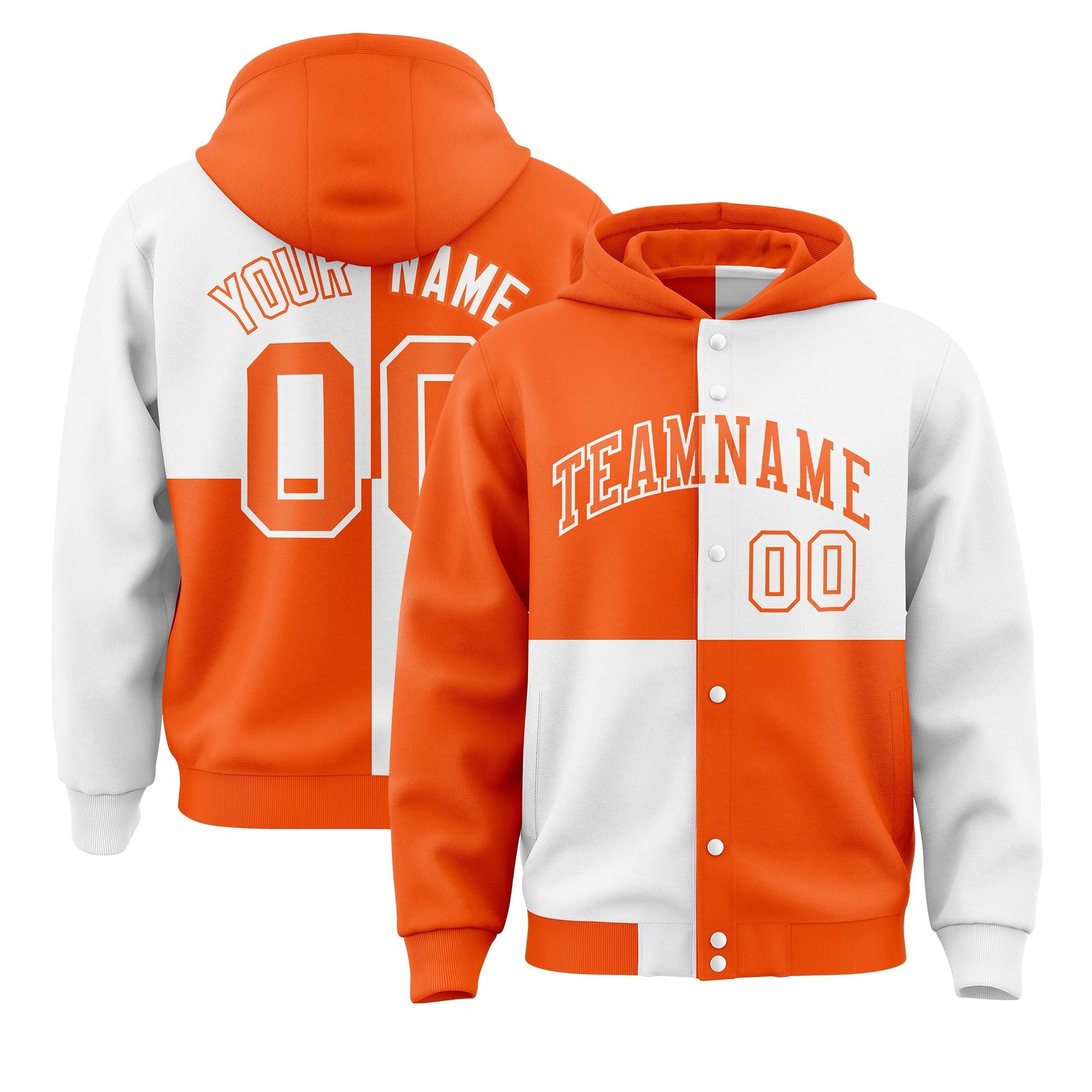 Custom Orange White Varsity Full-Snap Four Squares Color Block Letterman Jacket Hoodie| KXKSHOP
