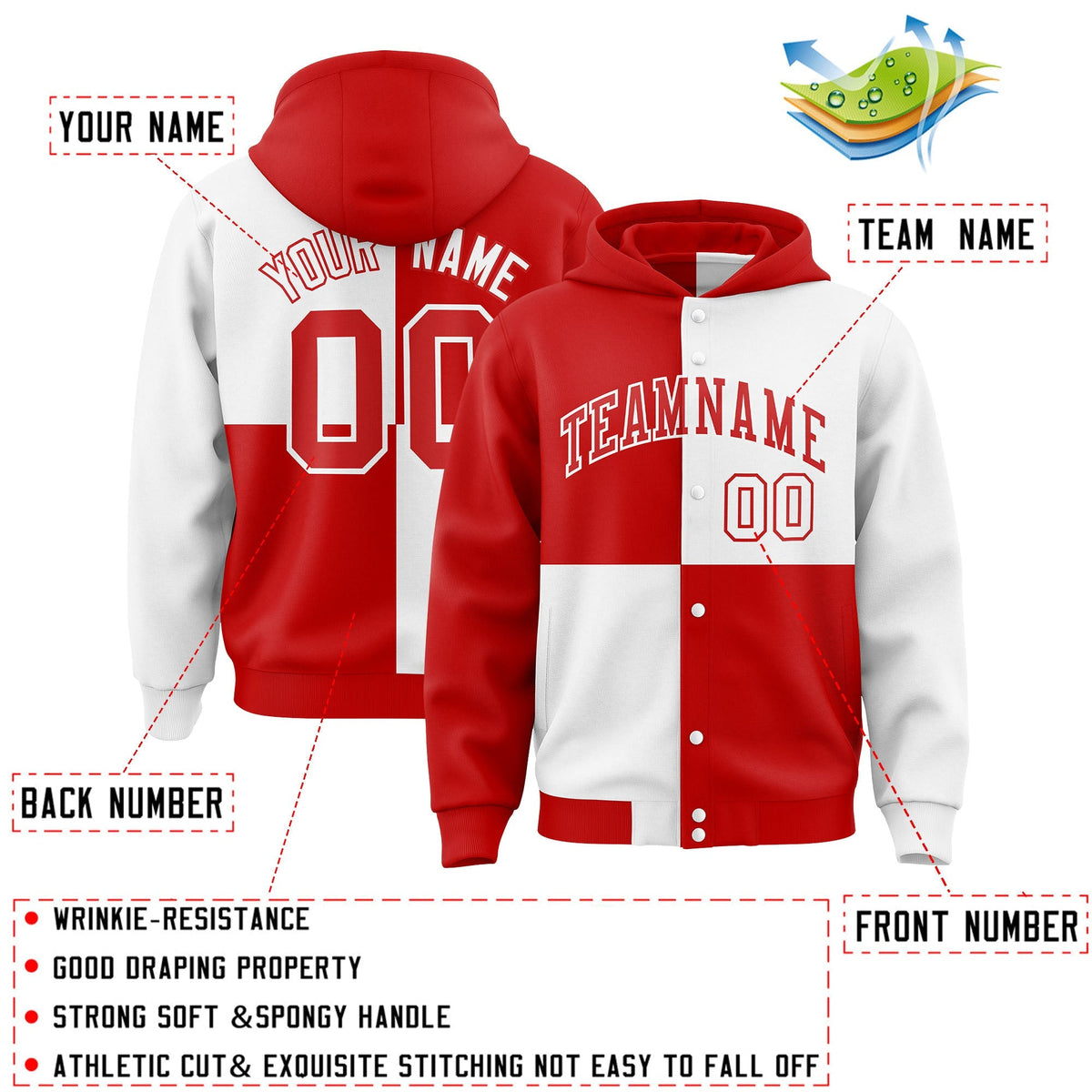 Custom Red White Varsity Full-Snap Four Squares Color Block Letterman Jacket Hoodie| KXKSHOP