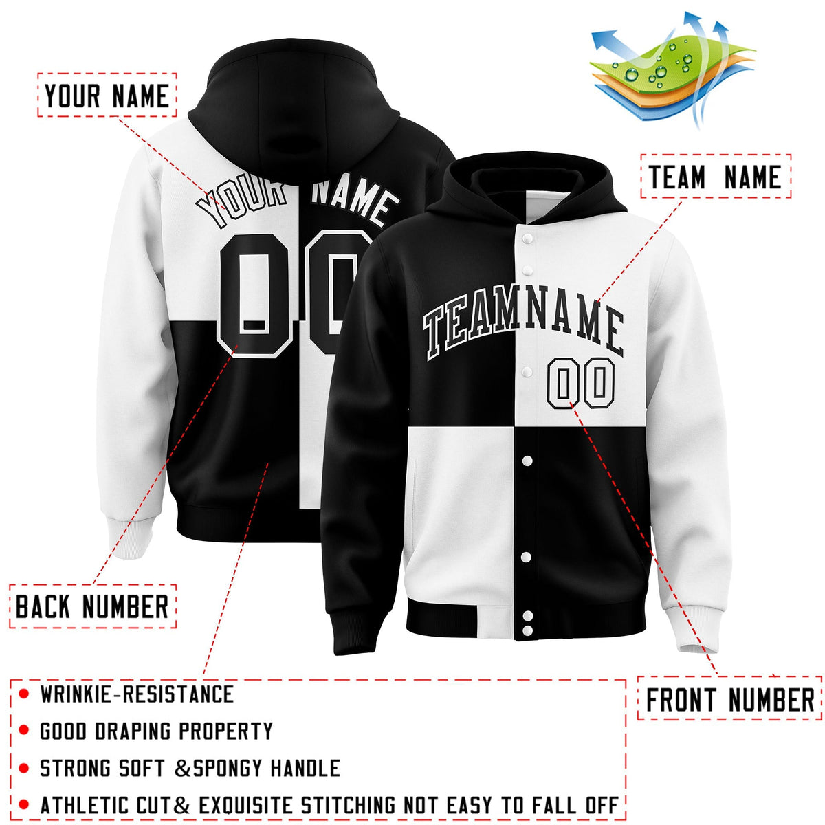 Custom Black White Varsity Full-Snap Four Squares Color Block Letterman Jacket Hoodie| KXKSHOP