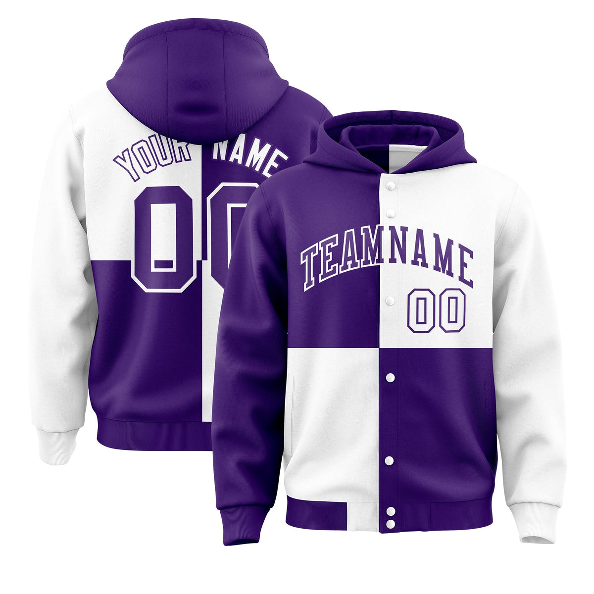 Custom Purple White Varsity Full-Snap Four Squares Color Block Letterman Jacket Hoodie| KXKSHOP