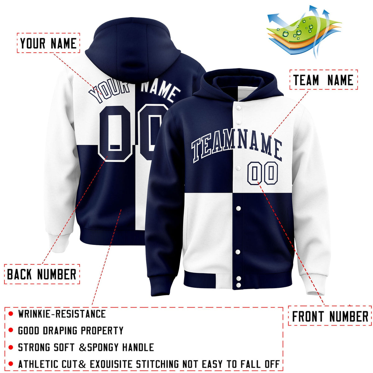 Custom Navy White Varsity Full-Snap Four Squares Color Block Letterman Jacket Hoodie| KXKSHOP