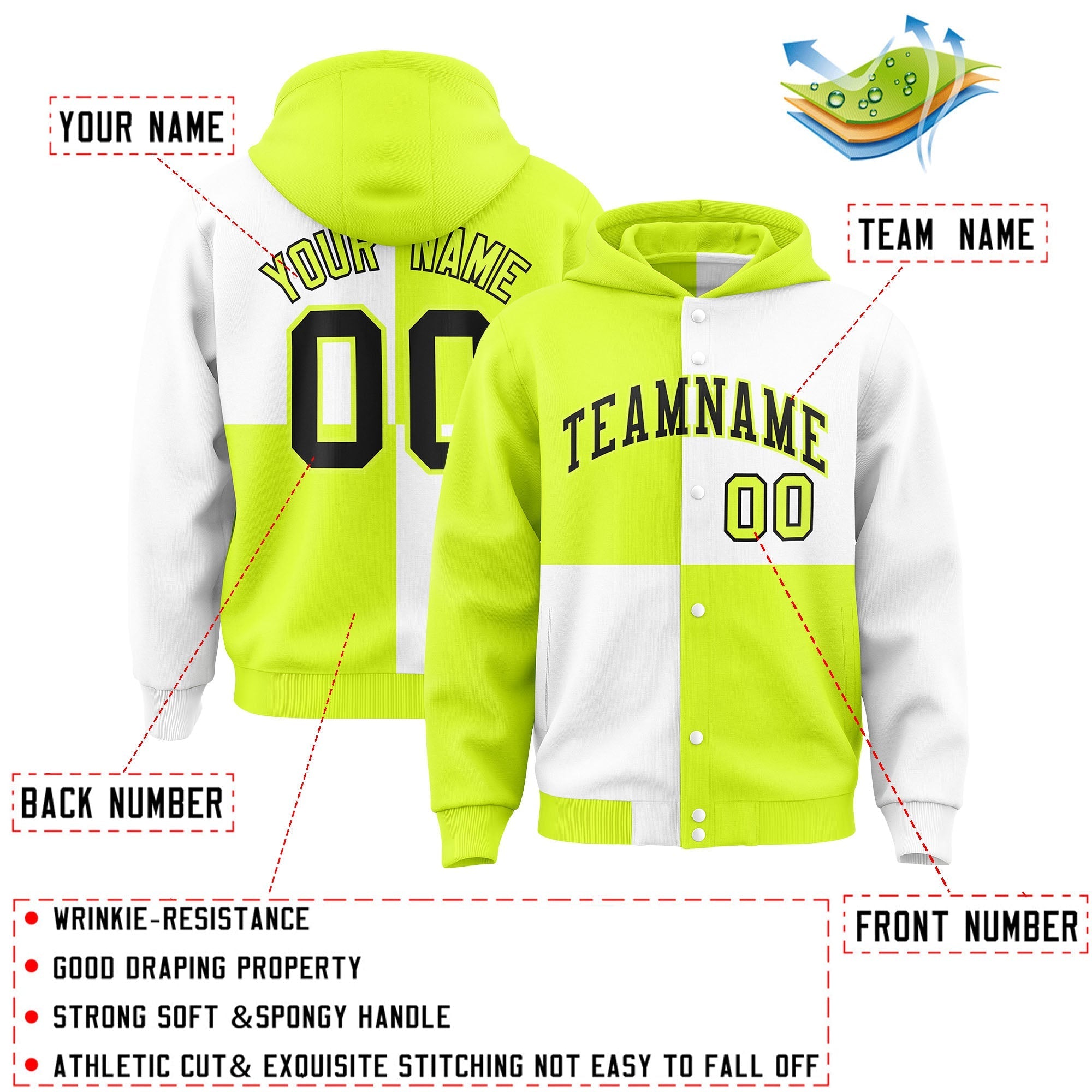 Custom Green White Varsity Full-Snap Four Squares Color Block Letterman Jacket Hoodie| KXKSHOP