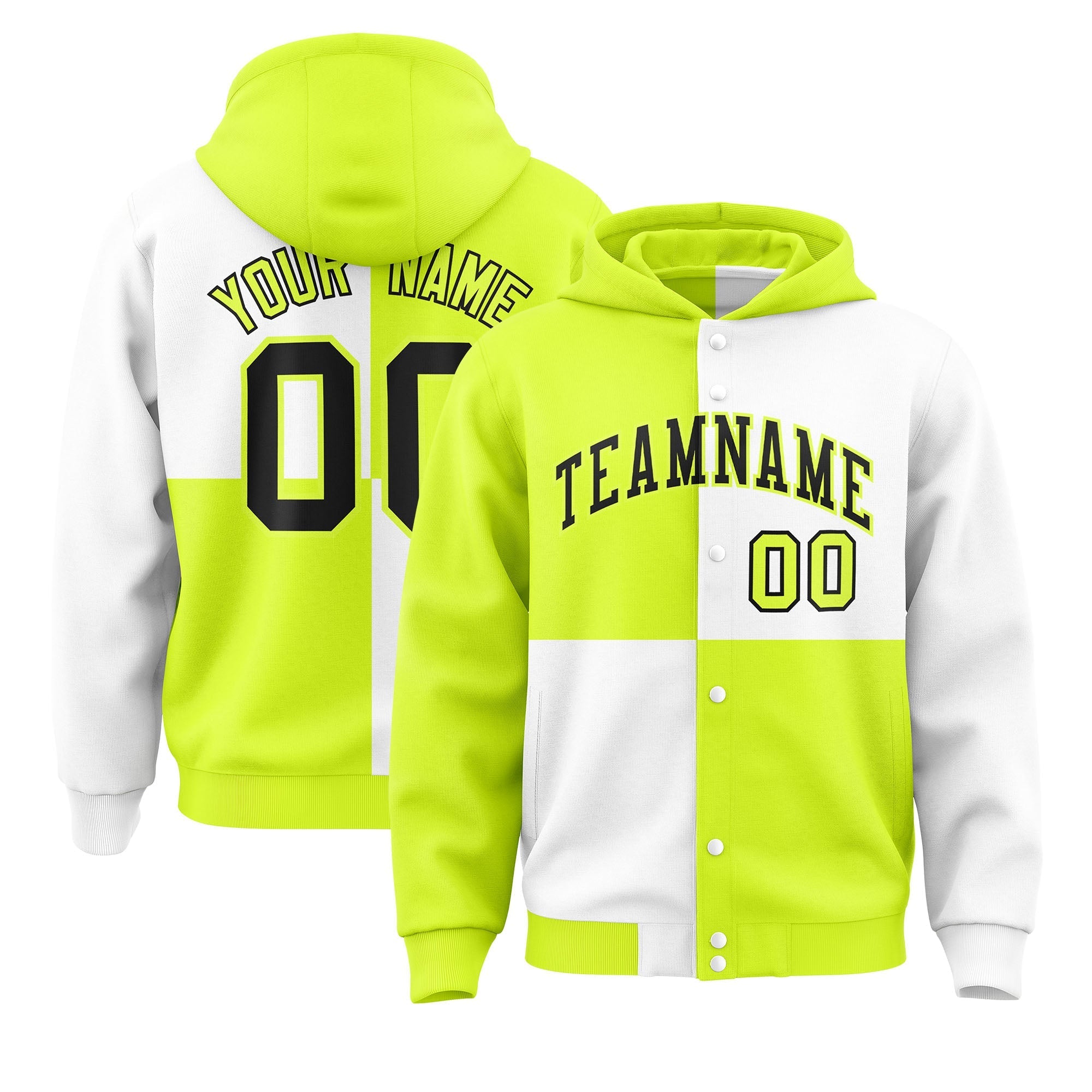 Custom Green White Varsity Full-Snap Four Squares Color Block Letterman Jacket Hoodie| KXKSHOP