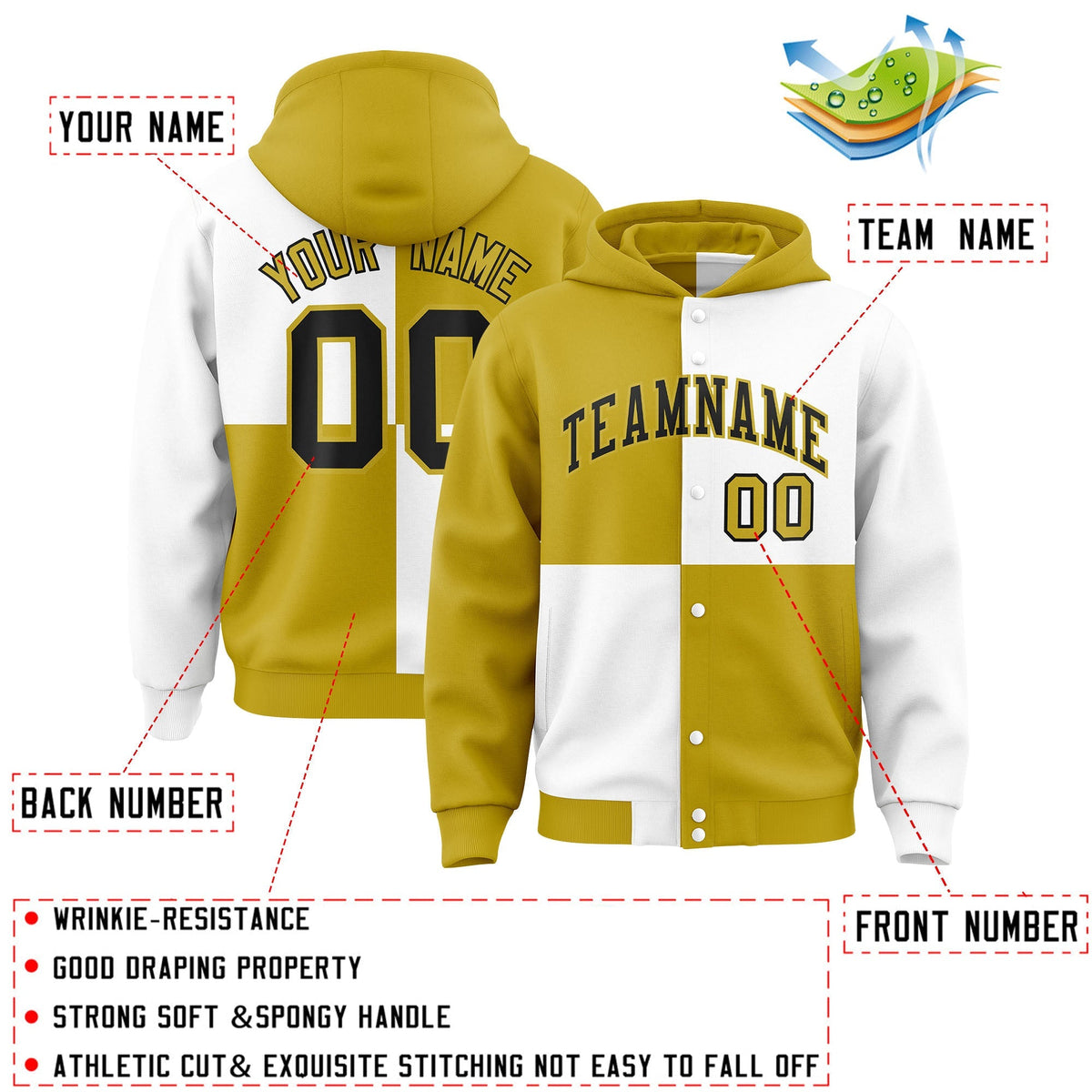 Custom Old Gold White Varsity Full-Snap Four Squares Color Block Letterman Jacket Hoodie| KXKSHOP