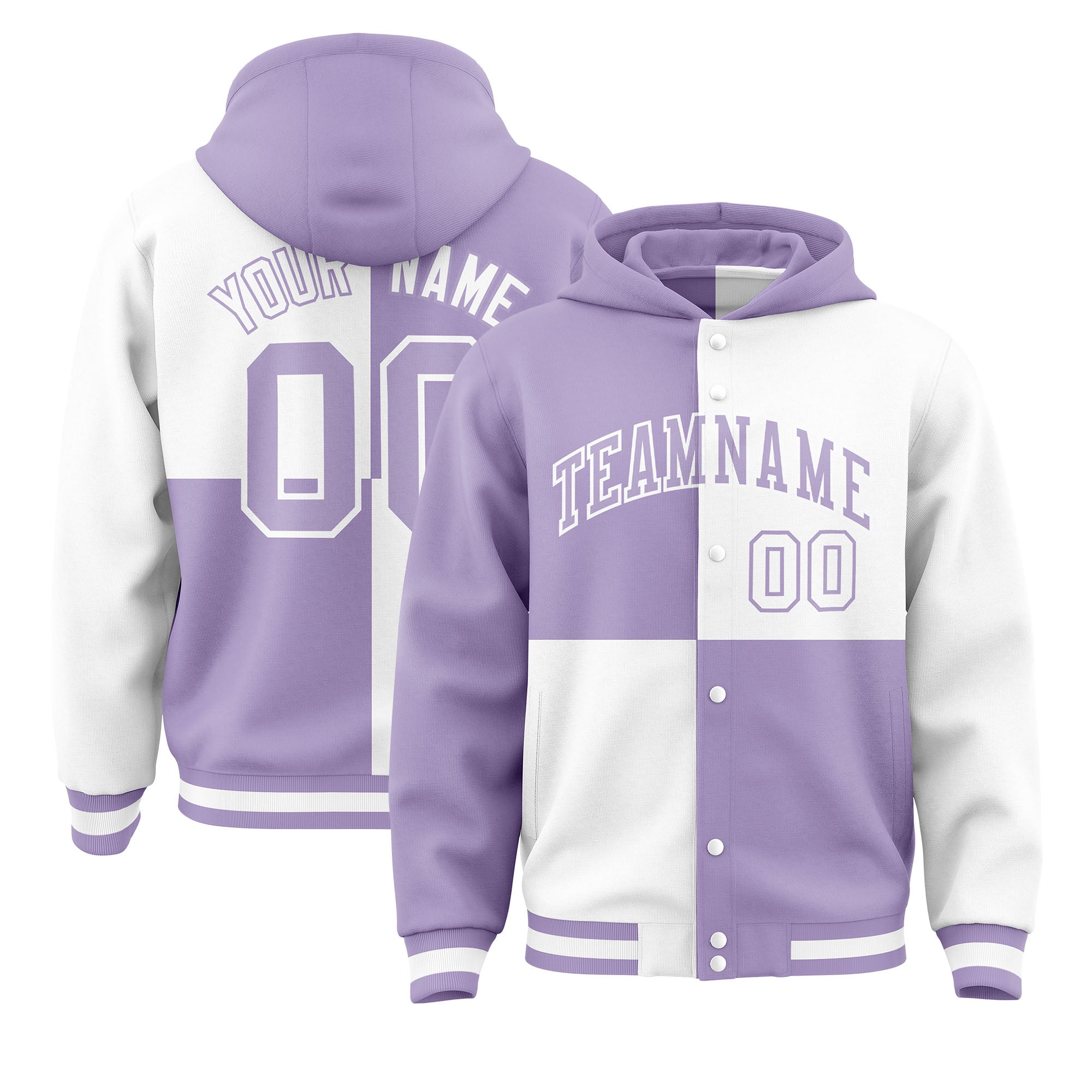 Custom Light Purple White Varsity Full-Snap Four Squares Color Block Letterman Jacket Hoodie| KXKSHOP
