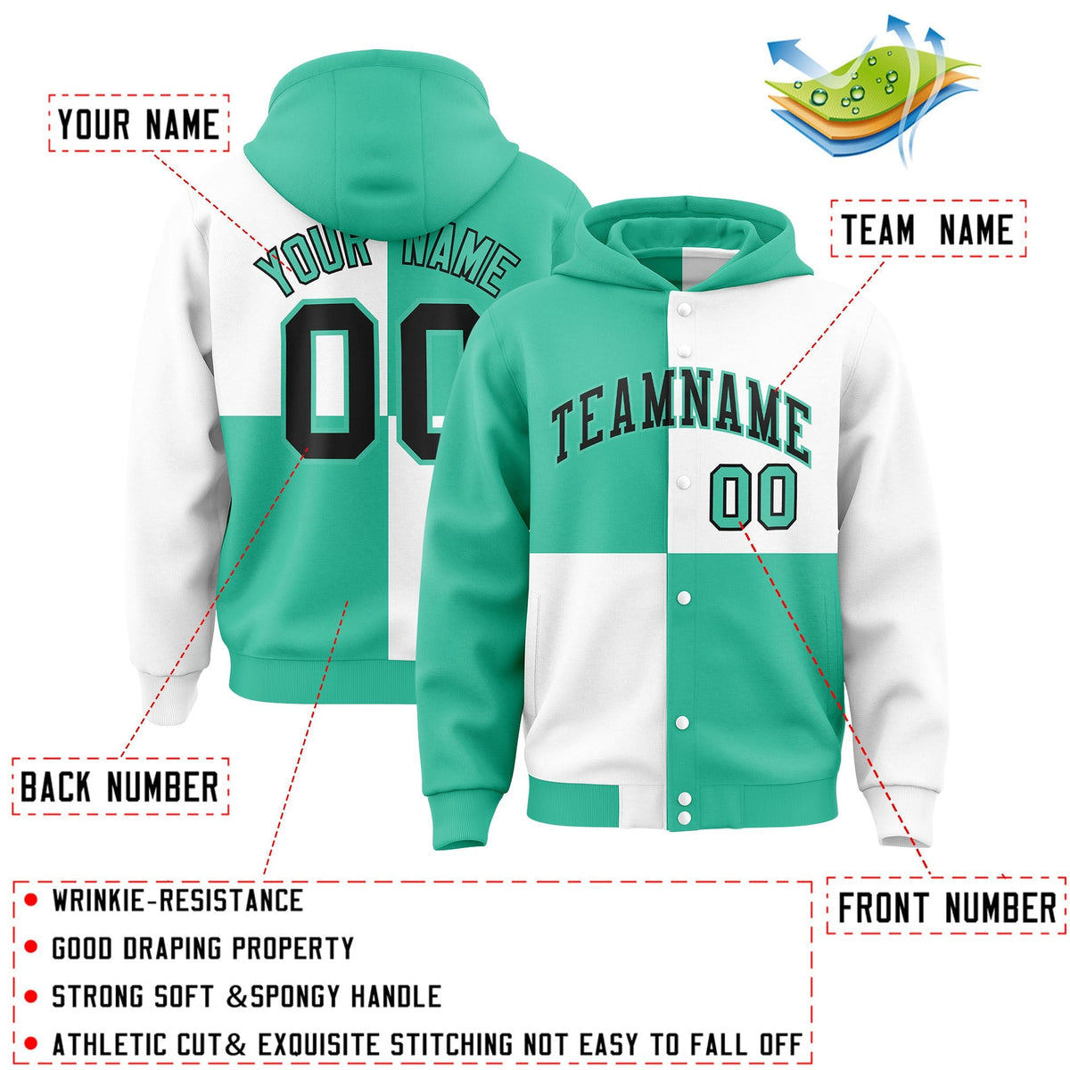 Custom Bright Green White Varsity Full-Snap Four Squares Color Block Letterman Jacket Hoodie| KXKSHOP