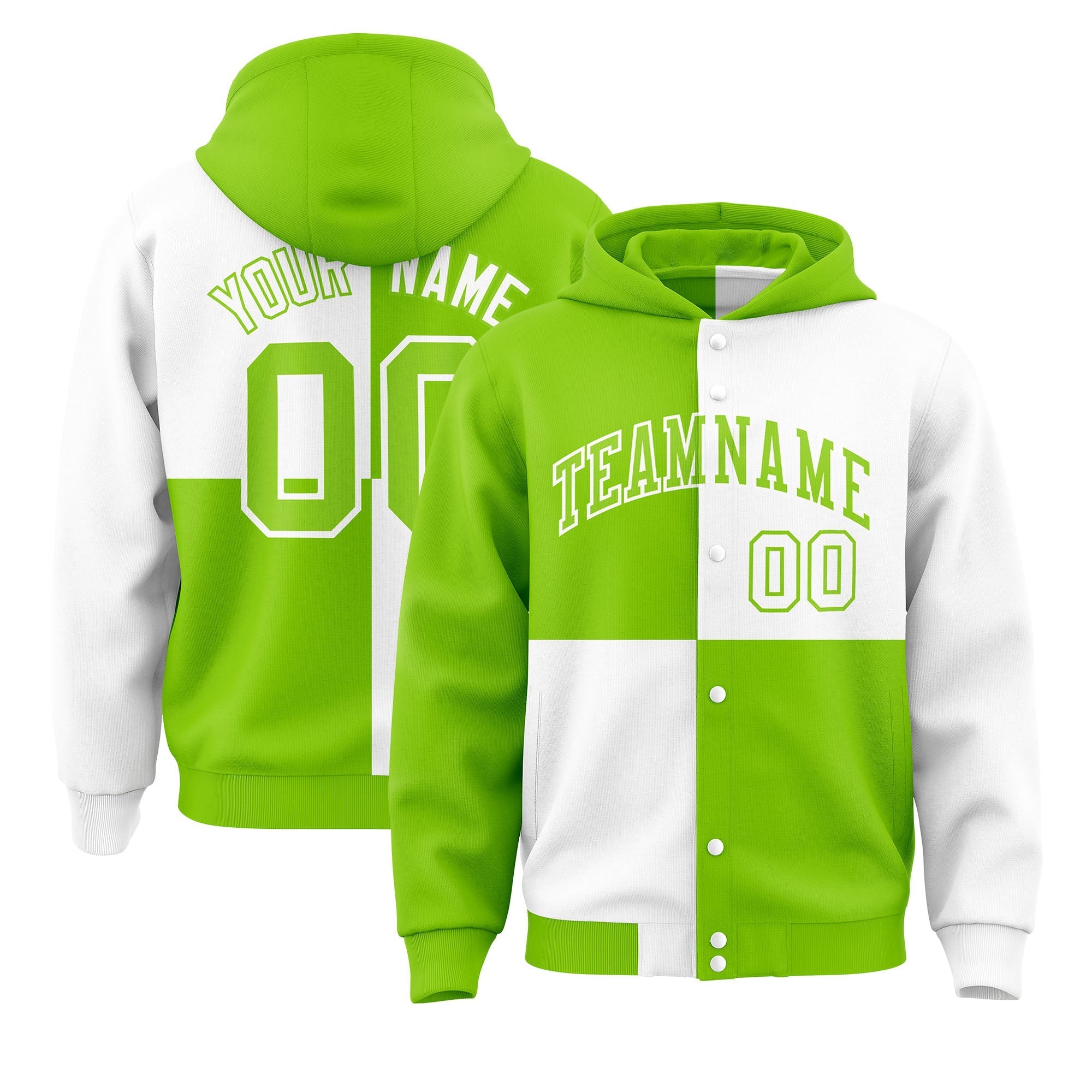 Custom Neon Green White Varsity Full-Snap Four Squares Color Block Letterman Jacket Hoodie| KXKSHOP