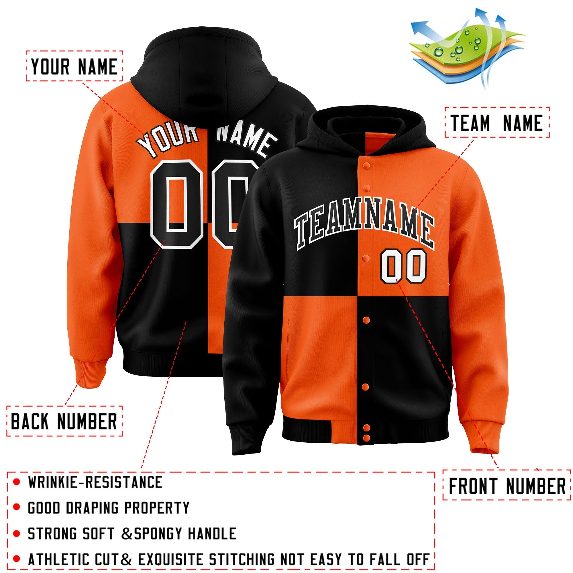 Custom Black Orange Varsity Full-Snap Four Squares Color Block Letterman Jacket Hoodie| KXKSHOP