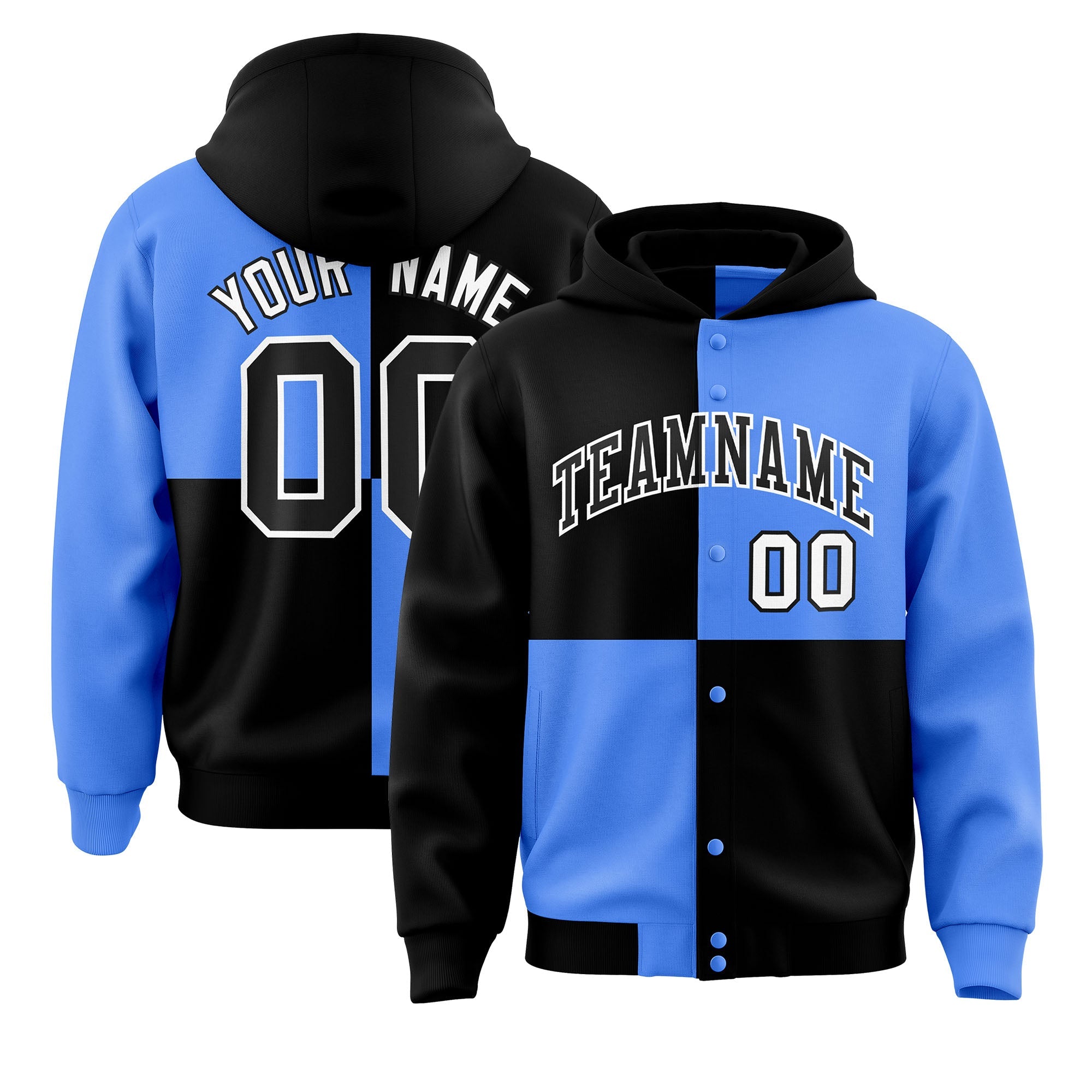 Custom Black Powder Blue Varsity Full-Snap Four Squares Color Block Letterman Jacket Hoodie| KXKSHOP