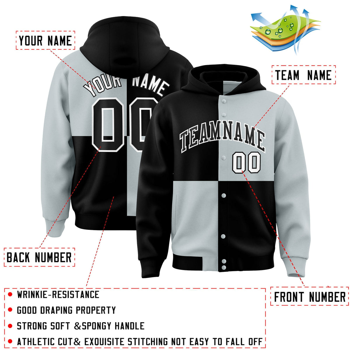 Custom Black Silver Varsity Full-Snap Four Squares Color Block Letterman Jacket Hoodie| KXKSHOP
