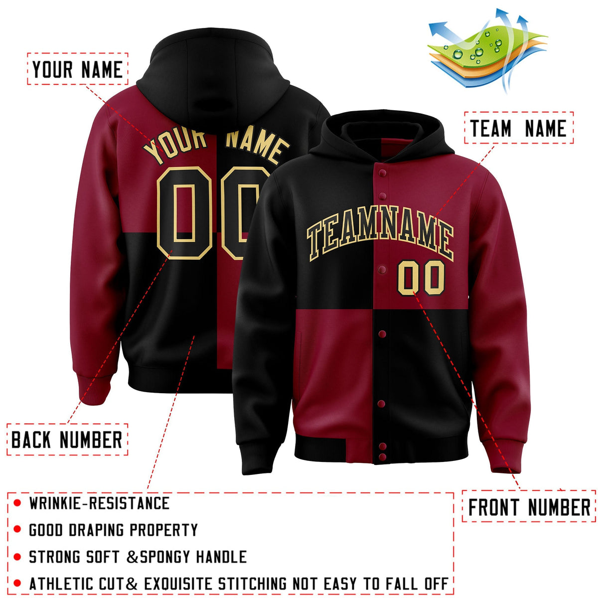 Custom Black Crimson Varsity Full-Snap Four Squares Color Block Letterman Jacket Hoodie| KXKSHOP