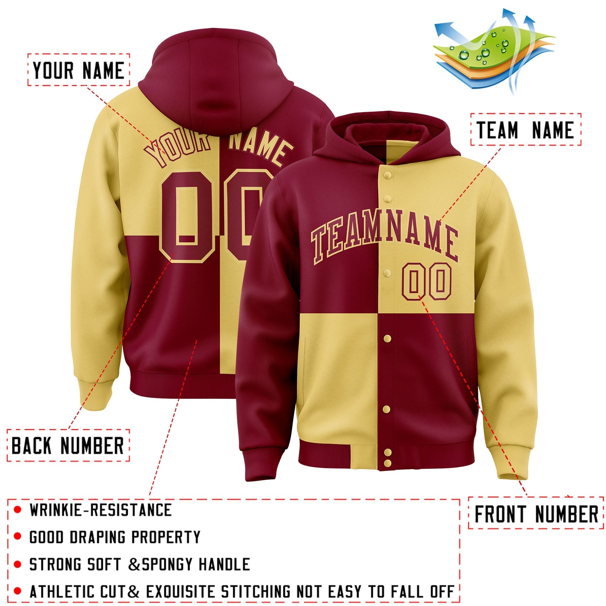 Custom Crimson Khaki Varsity Full-Snap Four Squares Color Block Letterman Jacket Hoodie| KXKSHOP