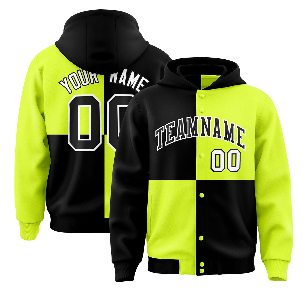 Custom Black Green Varsity Full-Snap Four Squares Color Block Letterman Jacket Hoodie| KXKSHOP