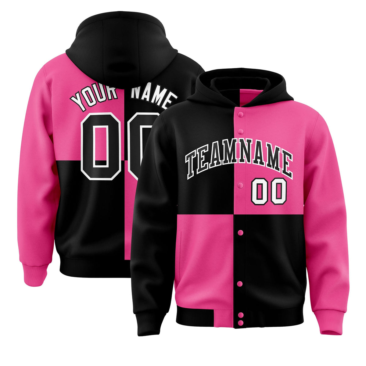 Custom Black Pink Varsity Full-Snap Four Squares Color Block Letterman Jacket Hoodie| KXKSHOP