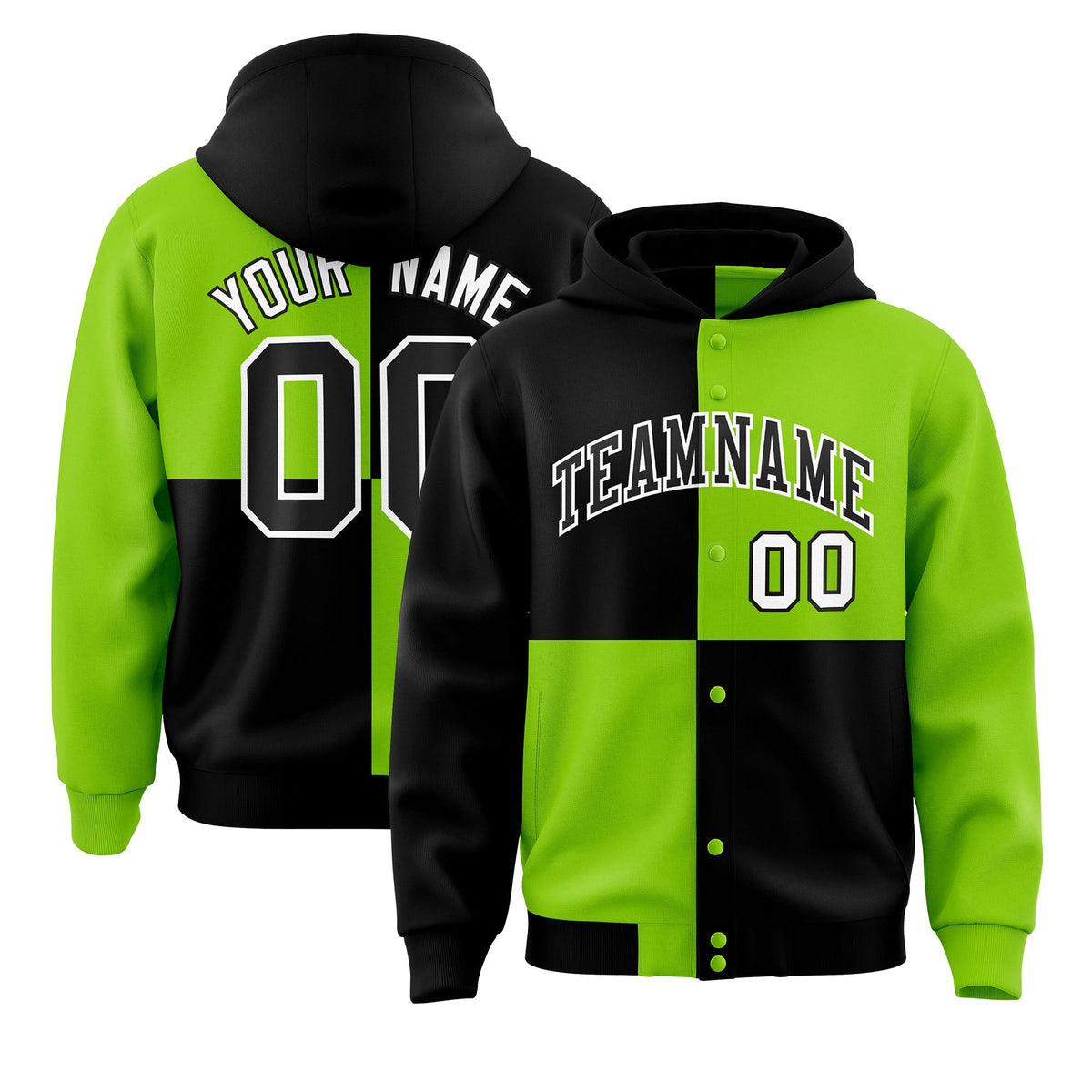 Custom Black Neon Green Varsity Full-Snap Four Squares Color Block Letterman Jacket Hoodie| KXKSHOP