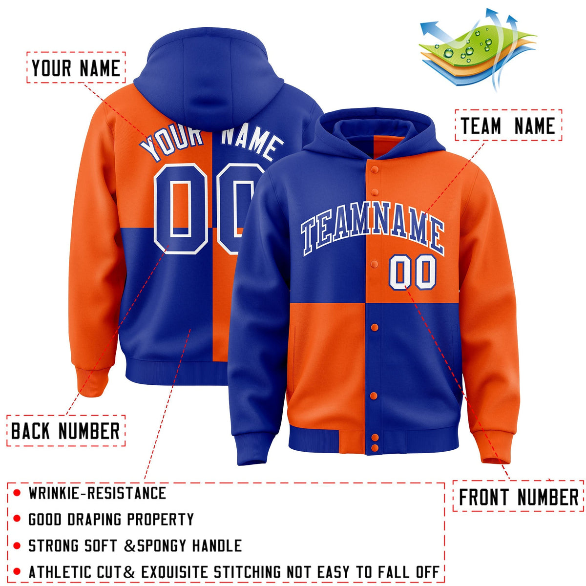 Custom Royal Orange Varsity Full-Snap Four Squares Color Block Letterman Jacket Hoodie| KXKSHOP