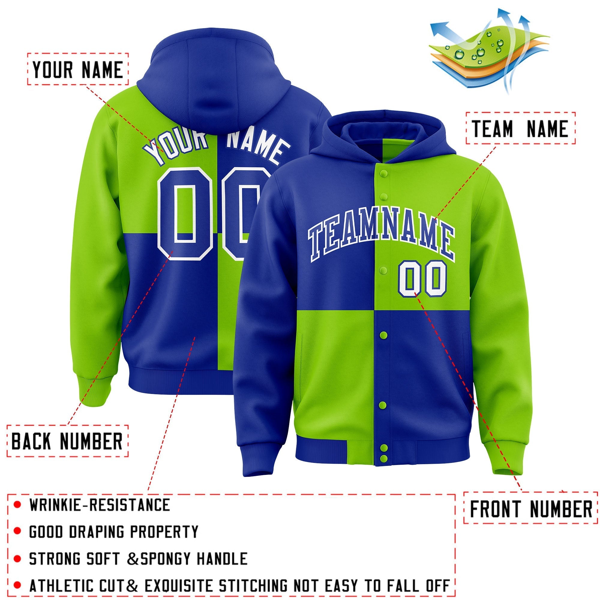 Custom Royal Neon Green Varsity Full-Snap Four Squares Color Block Letterman Jacket Hoodie| KXKSHOP