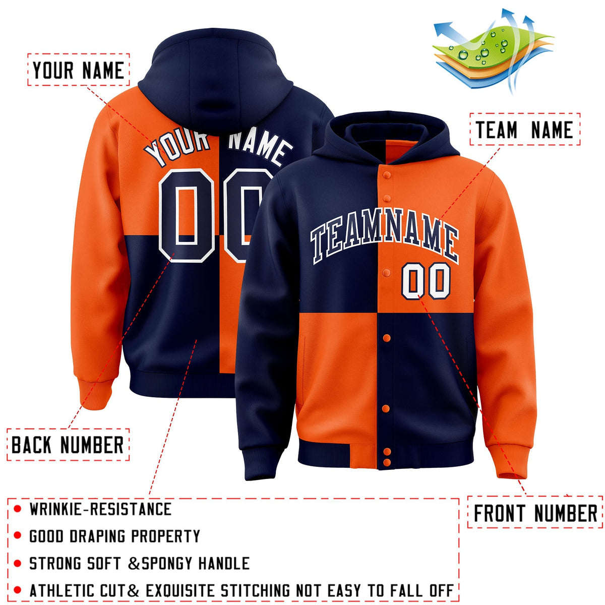 Custom Navy Orange Varsity Full-Snap Four Squares Color Block Letterman Jacket Hoodie| KXKSHOP