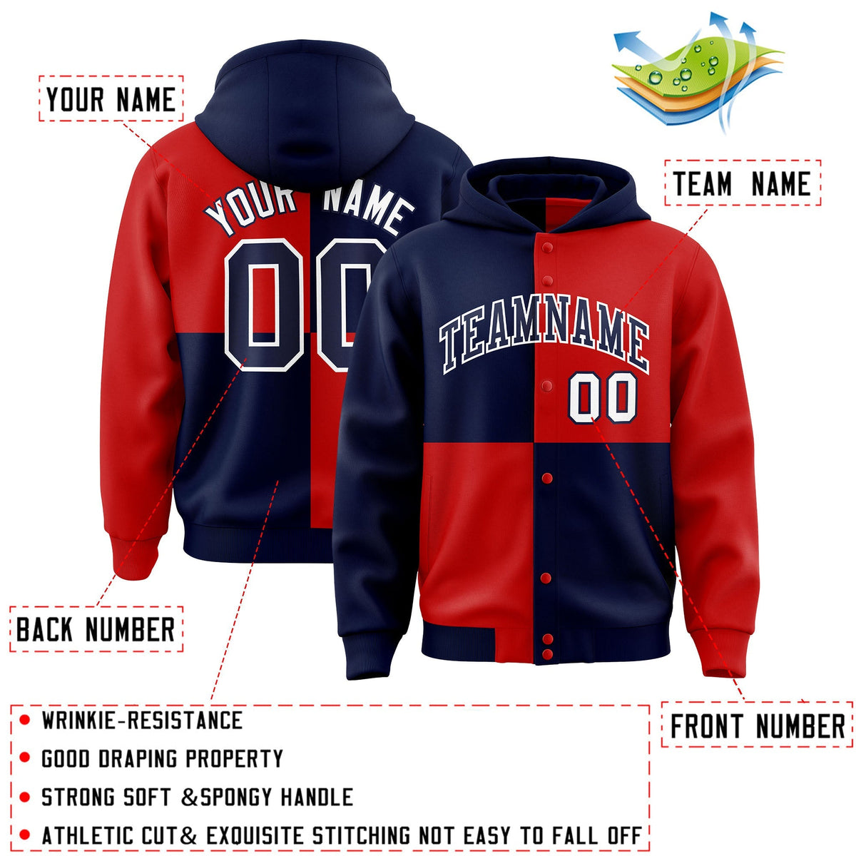 Custom Navy Red Varsity Full-Snap Four Squares Color Block Letterman Jacket Hoodie| KXKSHOP
