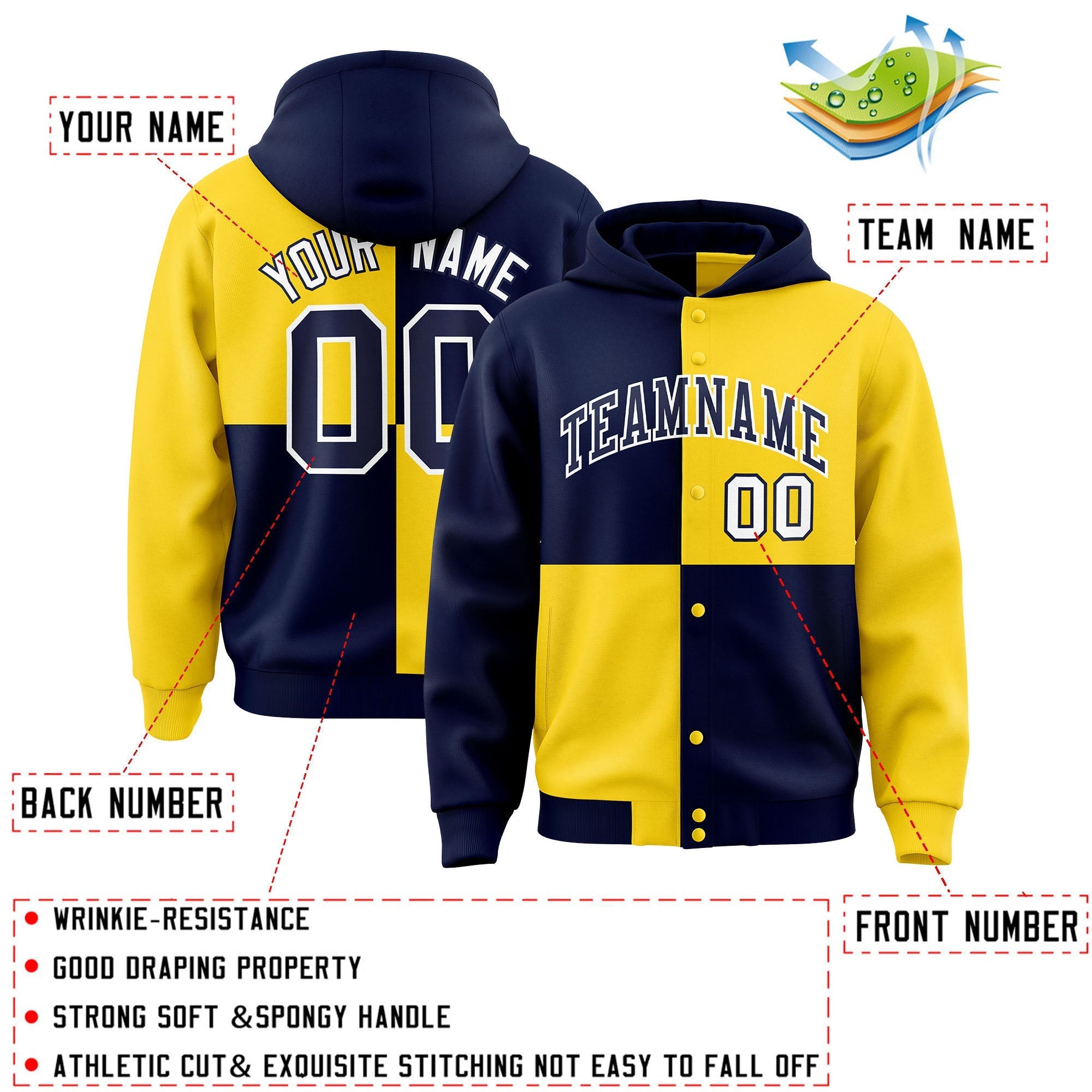 Custom Navy Gold Varsity Full-Snap Four Squares Color Block Letterman Jacket Hoodie| KXKSHOP