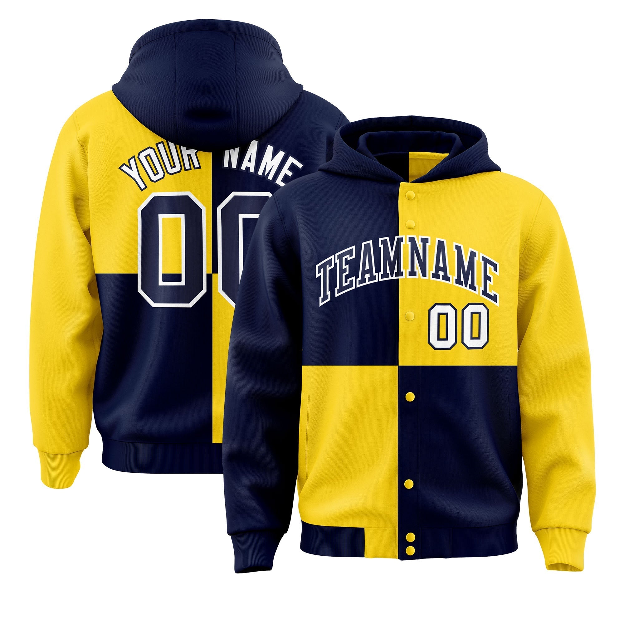 Custom Navy Gold Varsity Full-Snap Four Squares Color Block Letterman Jacket Hoodie| KXKSHOP