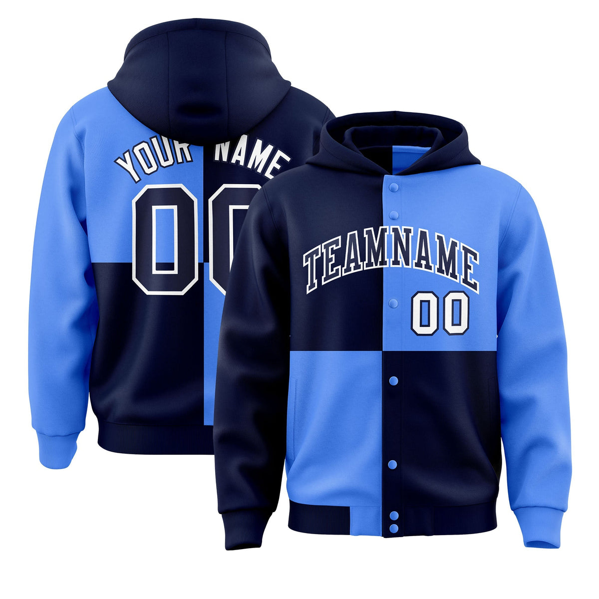 Custom Navy Powder Blue Varsity Full-Snap Four Squares Color Block Letterman Jacket Hoodie| KXKSHOP