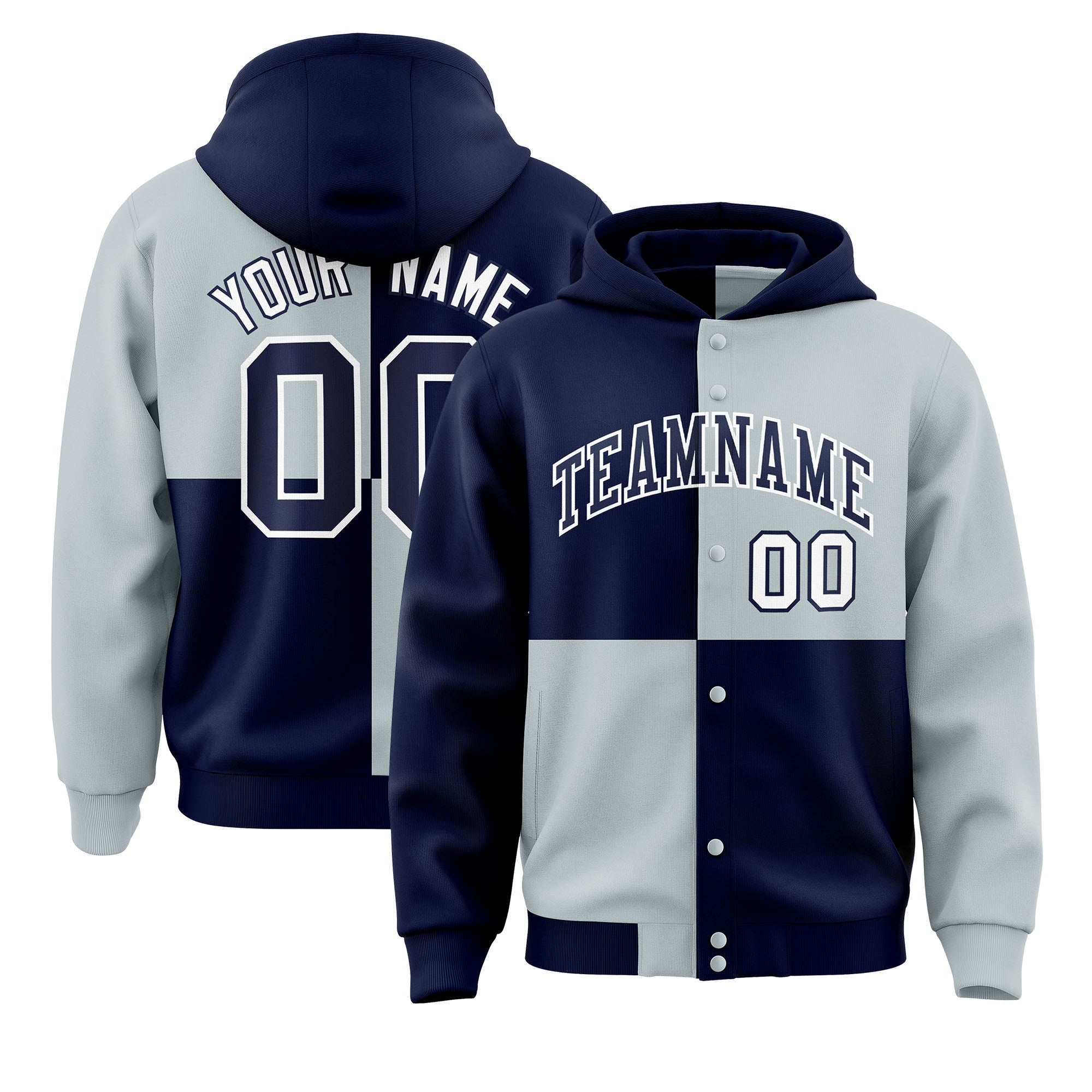 Custom Navy Silver Varsity Full-Snap Four Squares Color Block Letterman Jacket Hoodie| KXKSHOP