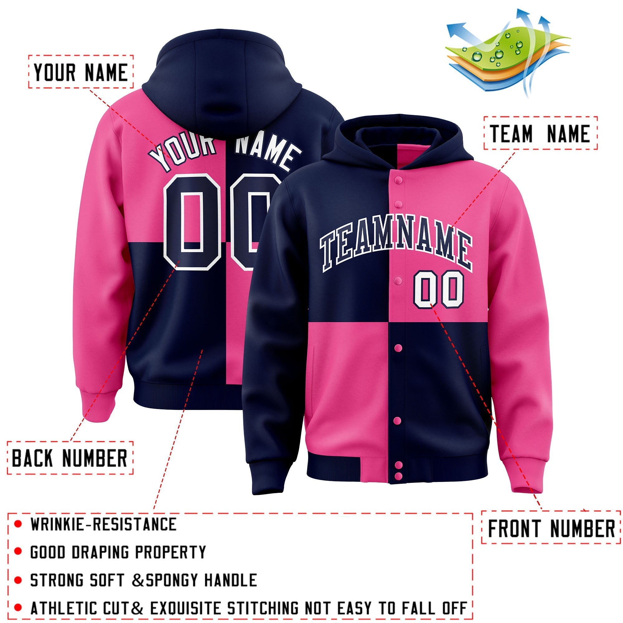 Custom Navy Pink Varsity Full-Snap Four Squares Color Block Letterman Jacket Hoodie| KXKSHOP