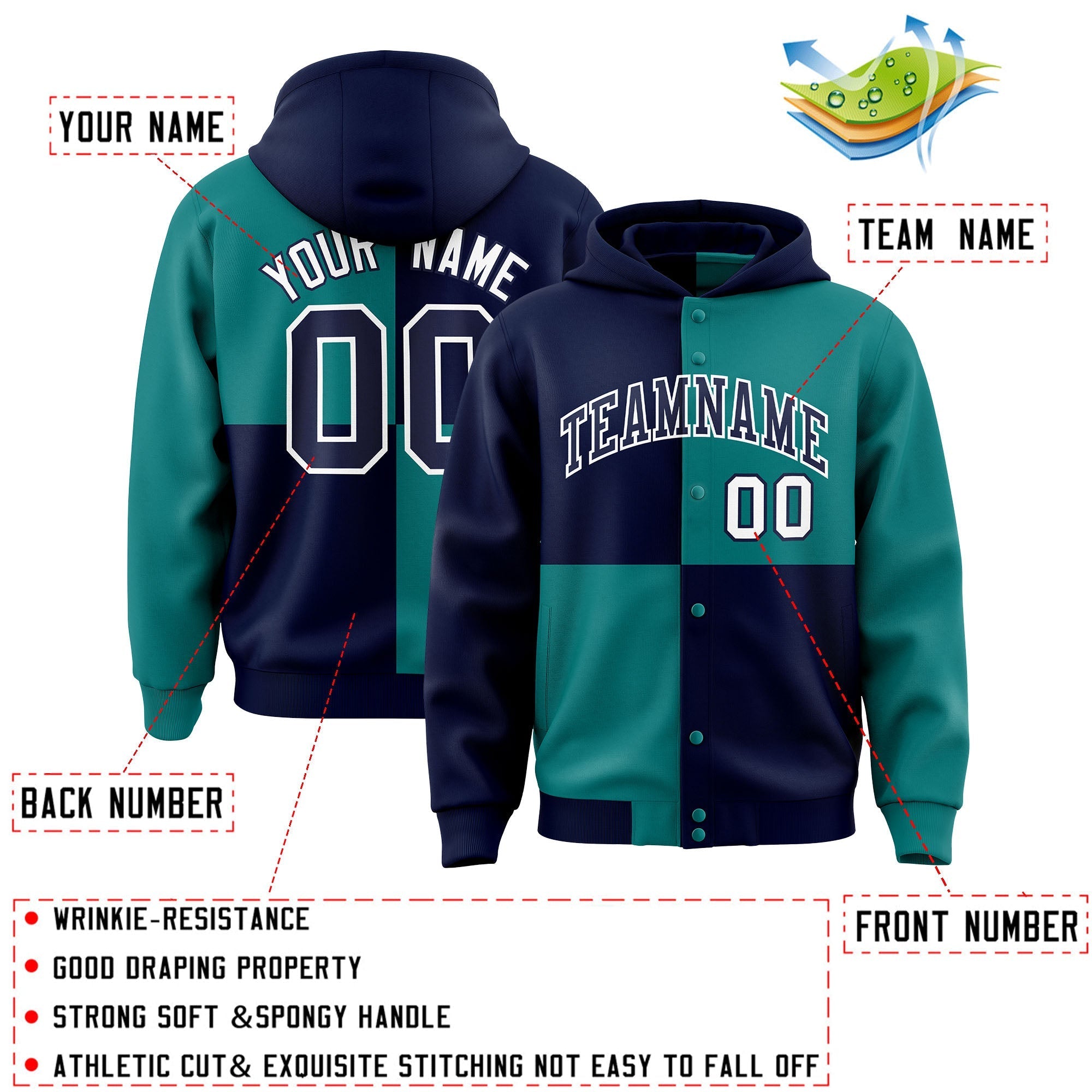 Custom Navy Aqua Varsity Full-Snap Four Squares Color Block Letterman Jacket Hoodie| KXKSHOP