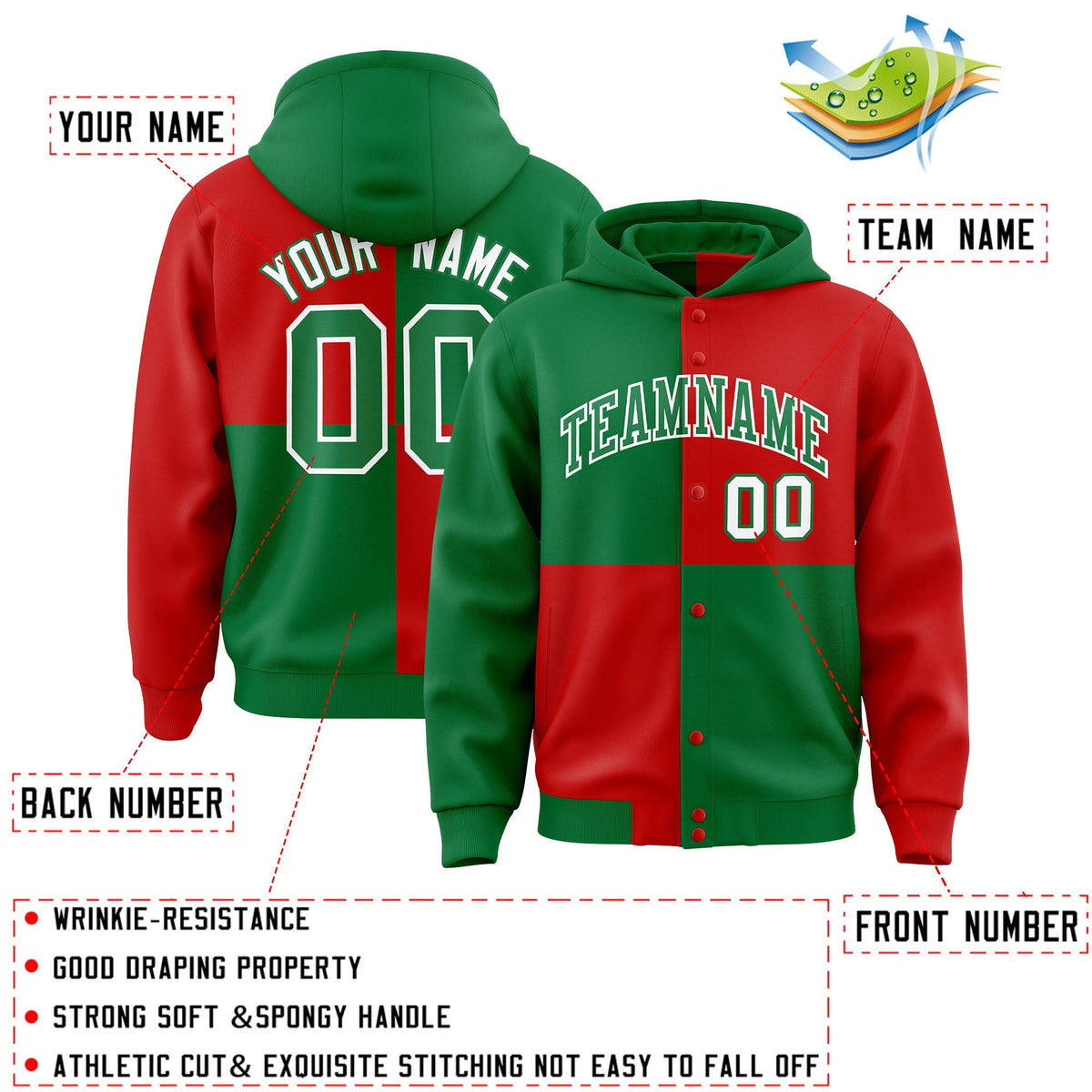 Custom Kelly Green Red Varsity Full-Snap Four Squares Color Block Letterman Jacket Hoodie| KXKSHOP
