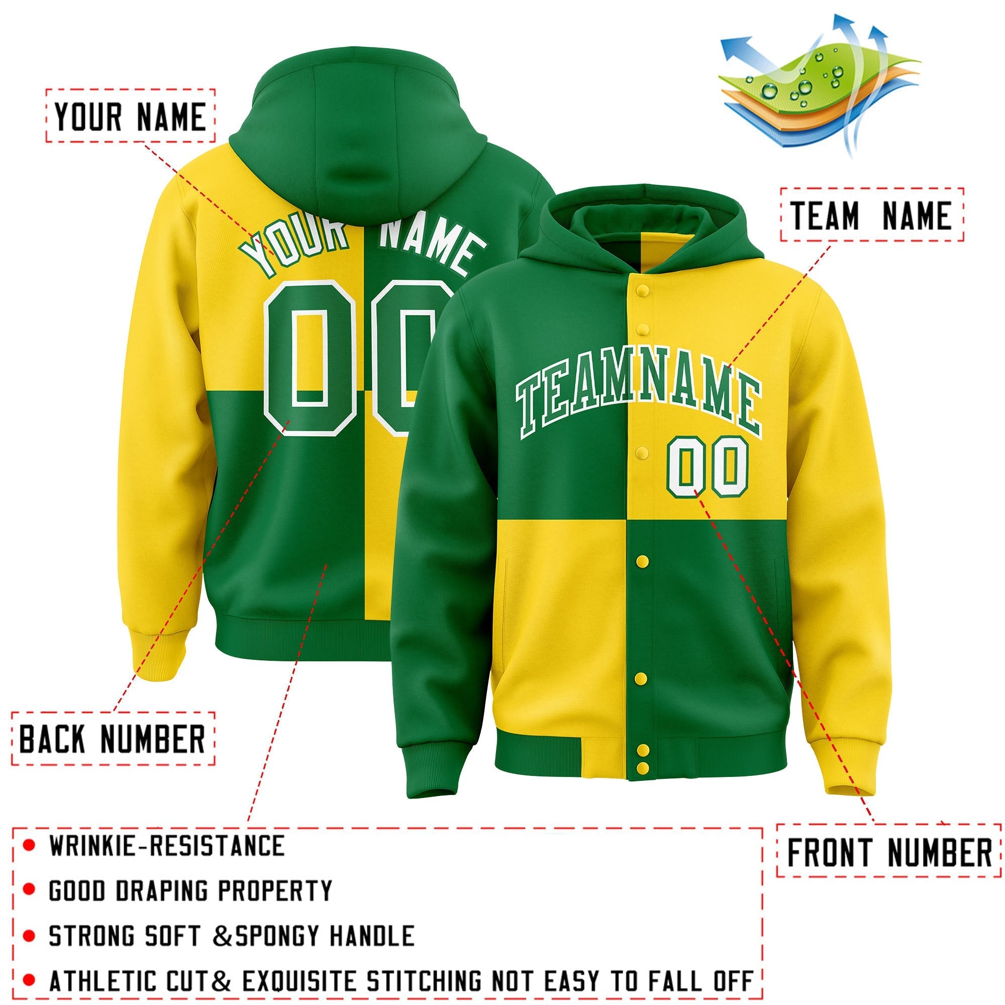Custom Kelly Green Gold Varsity Full-Snap Four Squares Color Block Letterman Jacket Hoodie| KXKSHOP