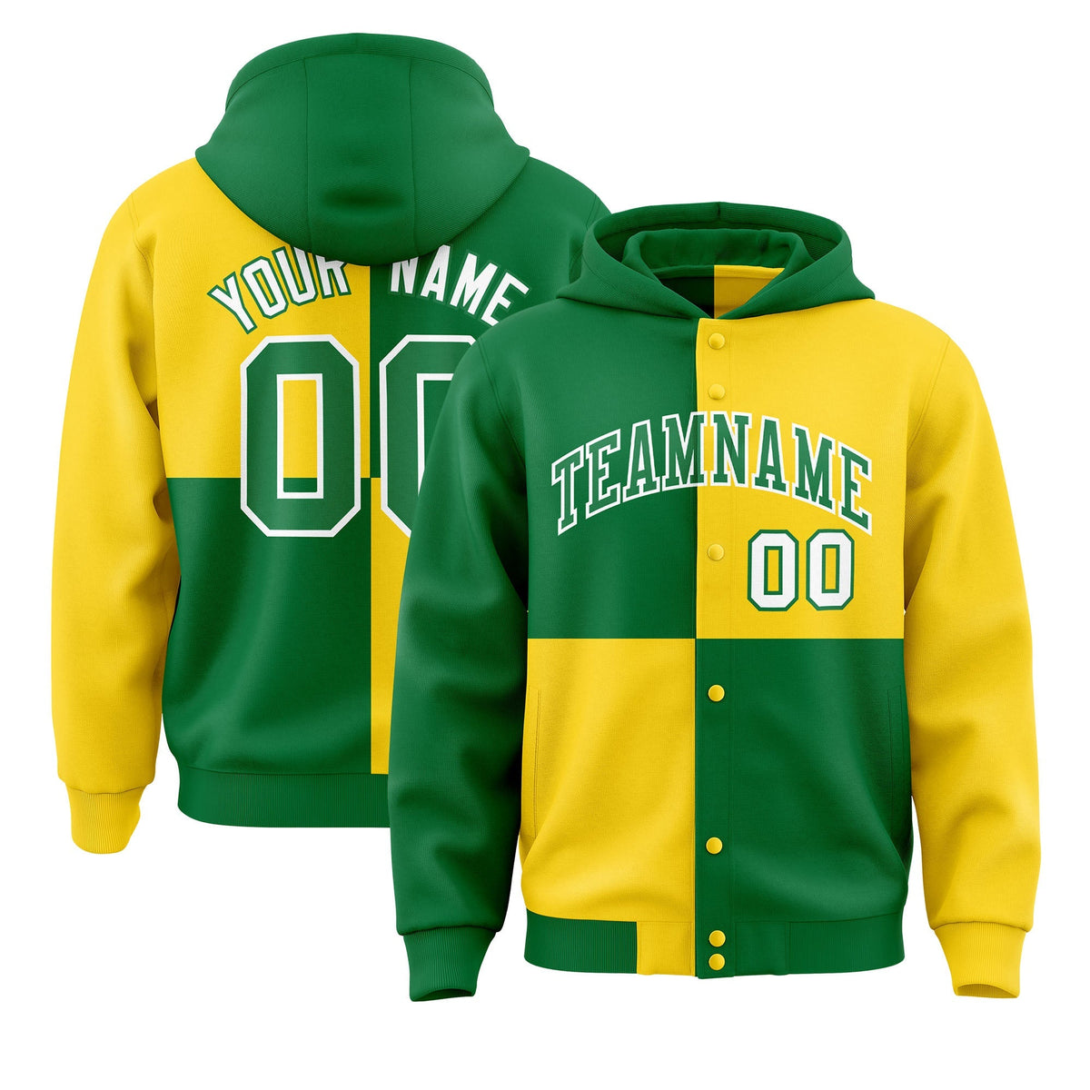 Custom Kelly Green Gold Varsity Full-Snap Four Squares Color Block Letterman Jacket Hoodie| KXKSHOP