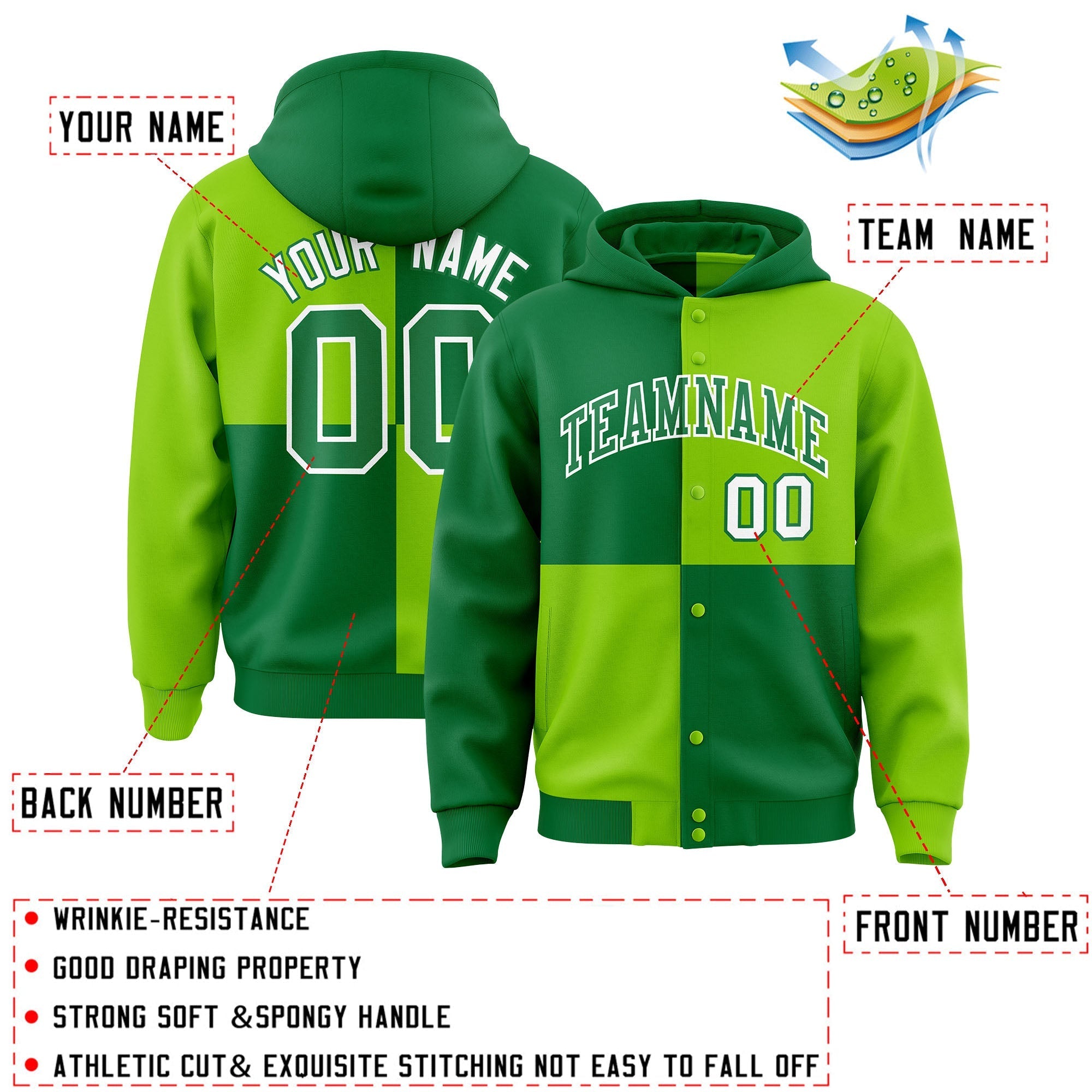 Custom Kelly Green Neon Green Varsity Full-Snap Four Squares Color Block Letterman Jacket Hoodie| KXKSHOP