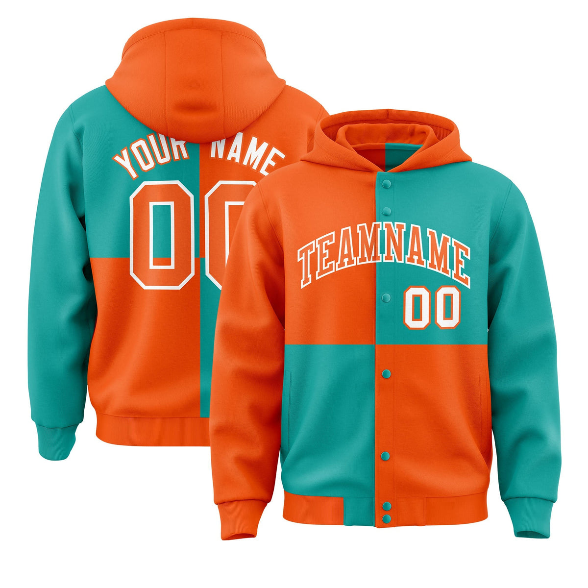 Custom Orange Aqua Varsity Full-Snap Four Squares Color Block Letterman Jacket Hoodie| KXKSHOP