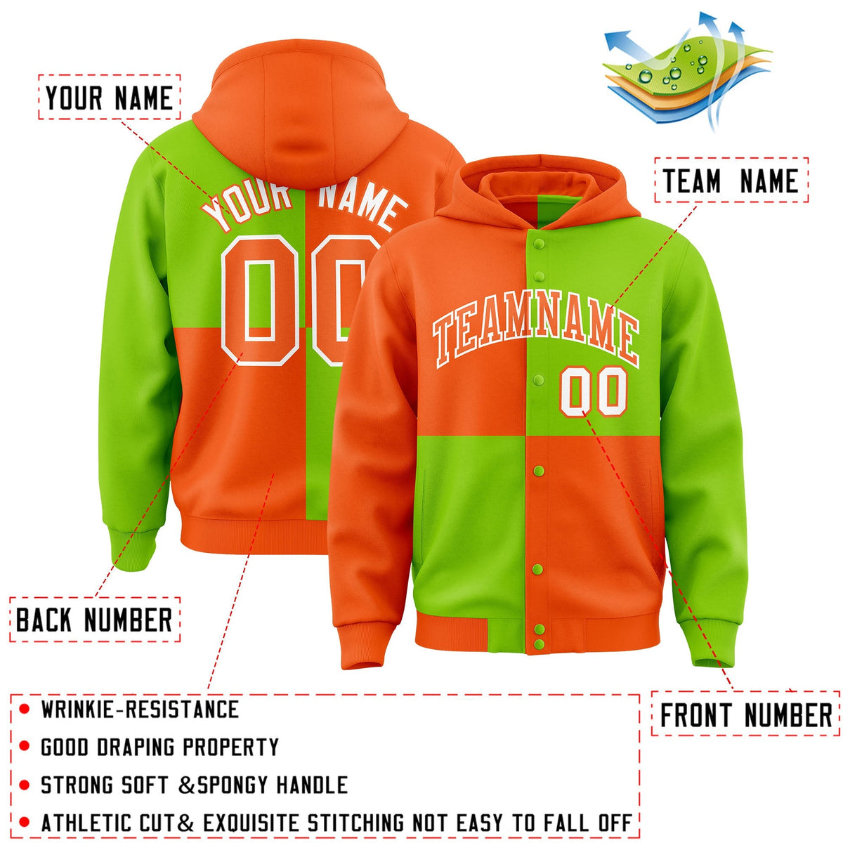 Custom Orange Neon Green Varsity Full-Snap Four Squares Color Block Letterman Jacket Hoodie| KXKSHOP