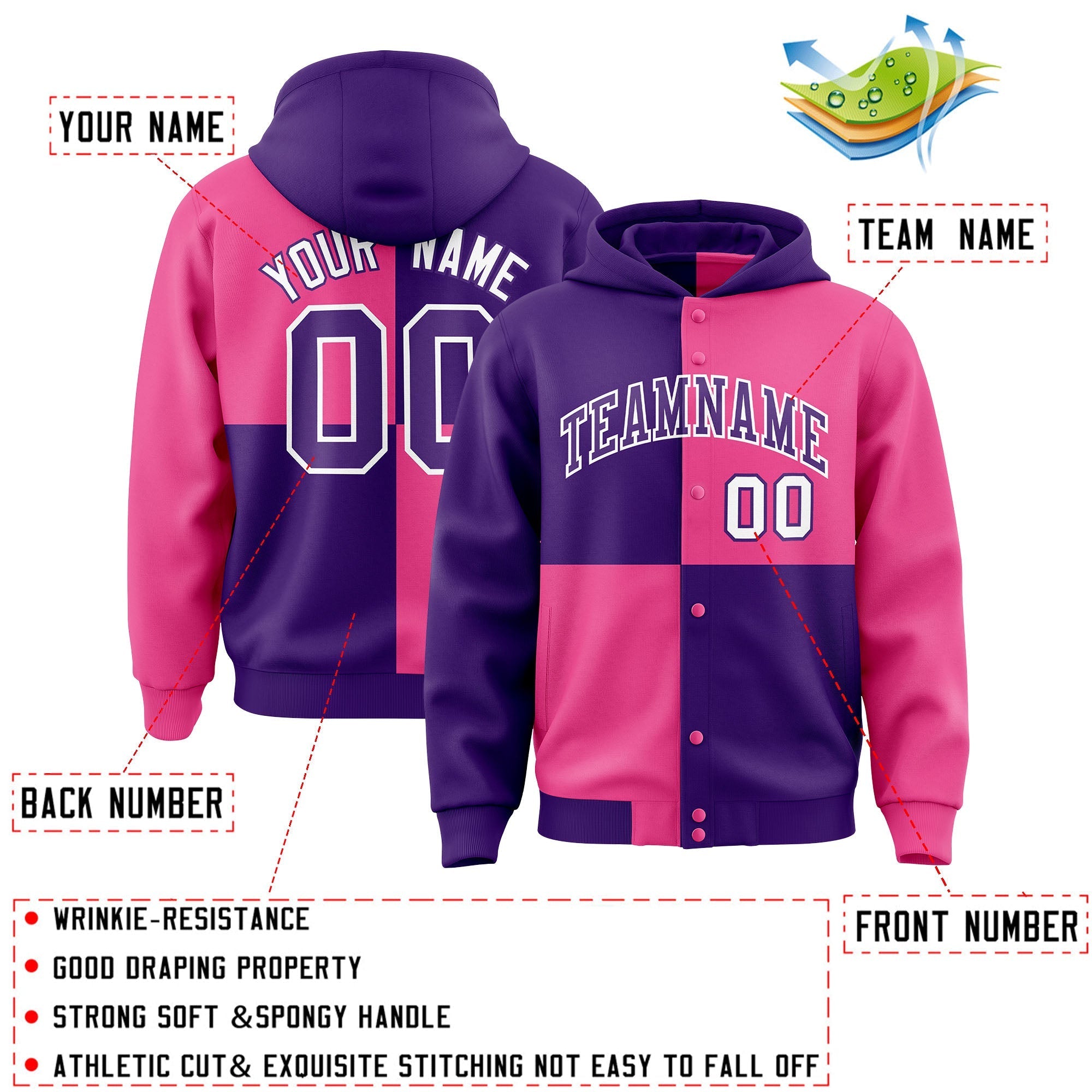 Custom Purple Pink Varsity Full-Snap Four Squares Color Block Letterman Jacket Hoodie| KXKSHOP