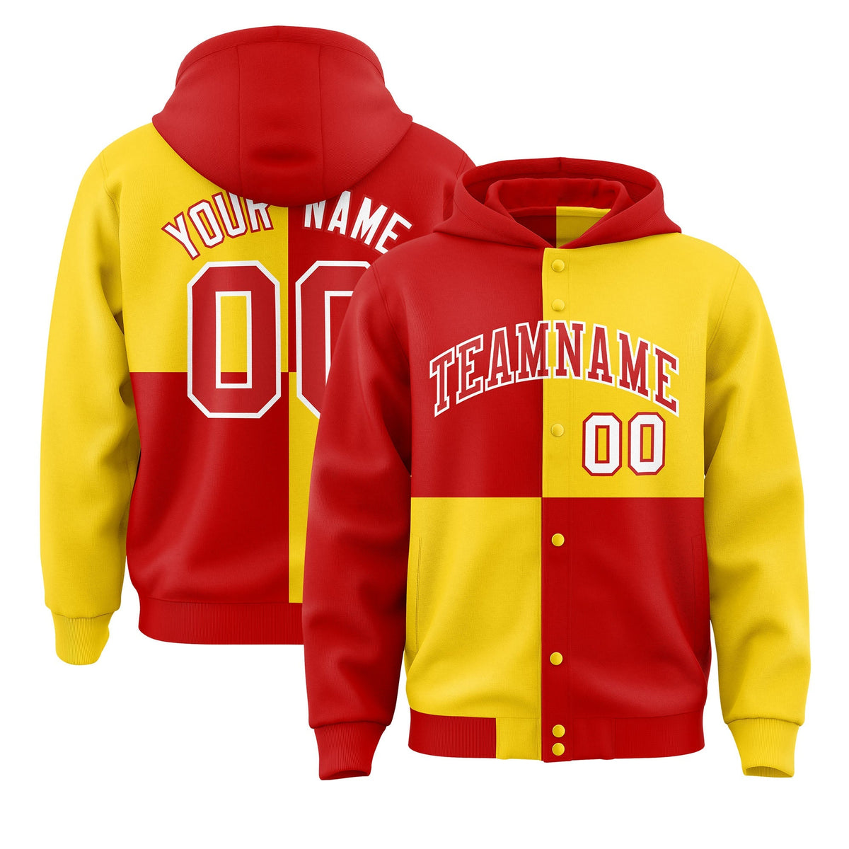 Custom Red Gold Varsity Full-Snap Four Squares Color Block Letterman Jacket Hoodie| KXKSHOP