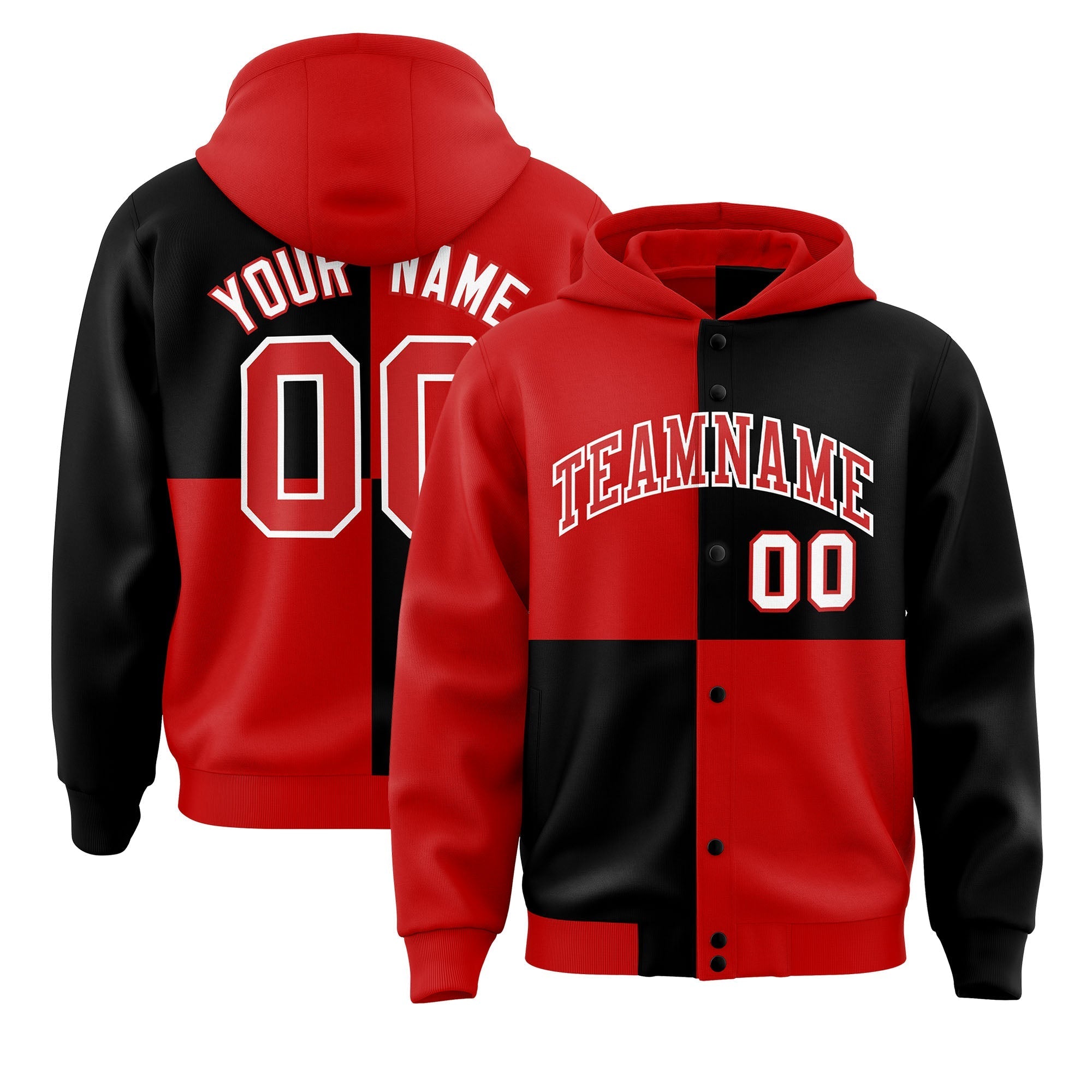 Custom Red Black Varsity Full-Snap Four Squares Color Block Letterman Jacket Hoodie| KXKSHOP