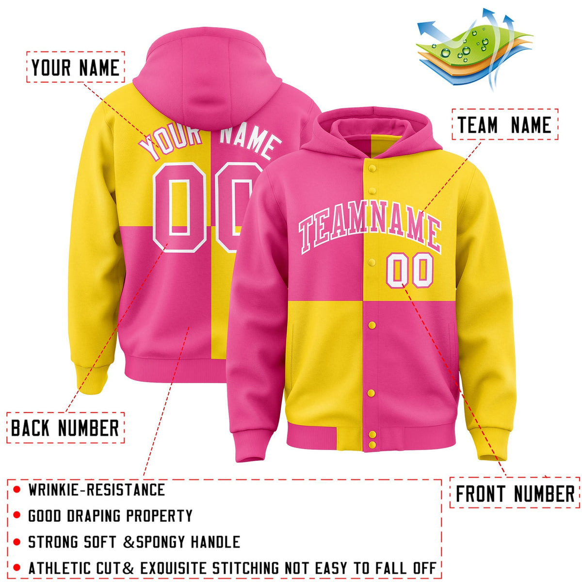 Custom Pink Gold Varsity Full-Snap Four Squares Color Block Letterman Jacket Hoodie| KXKSHOP