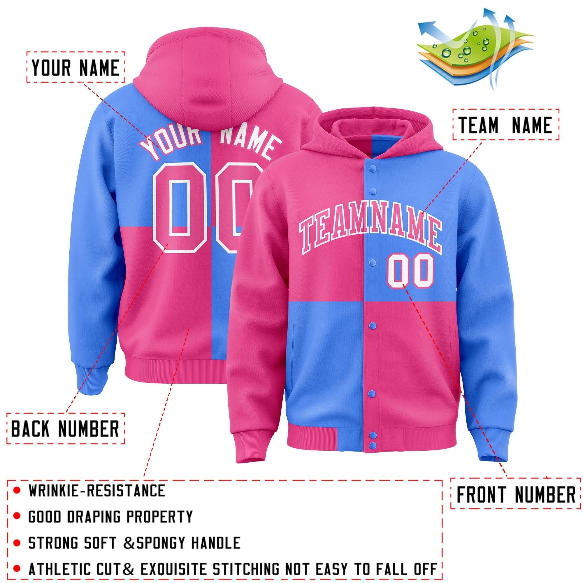 Custom Pink Powder Blue Varsity Full-Snap Four Squares Color Block Letterman Jacket Hoodie| KXKSHOP