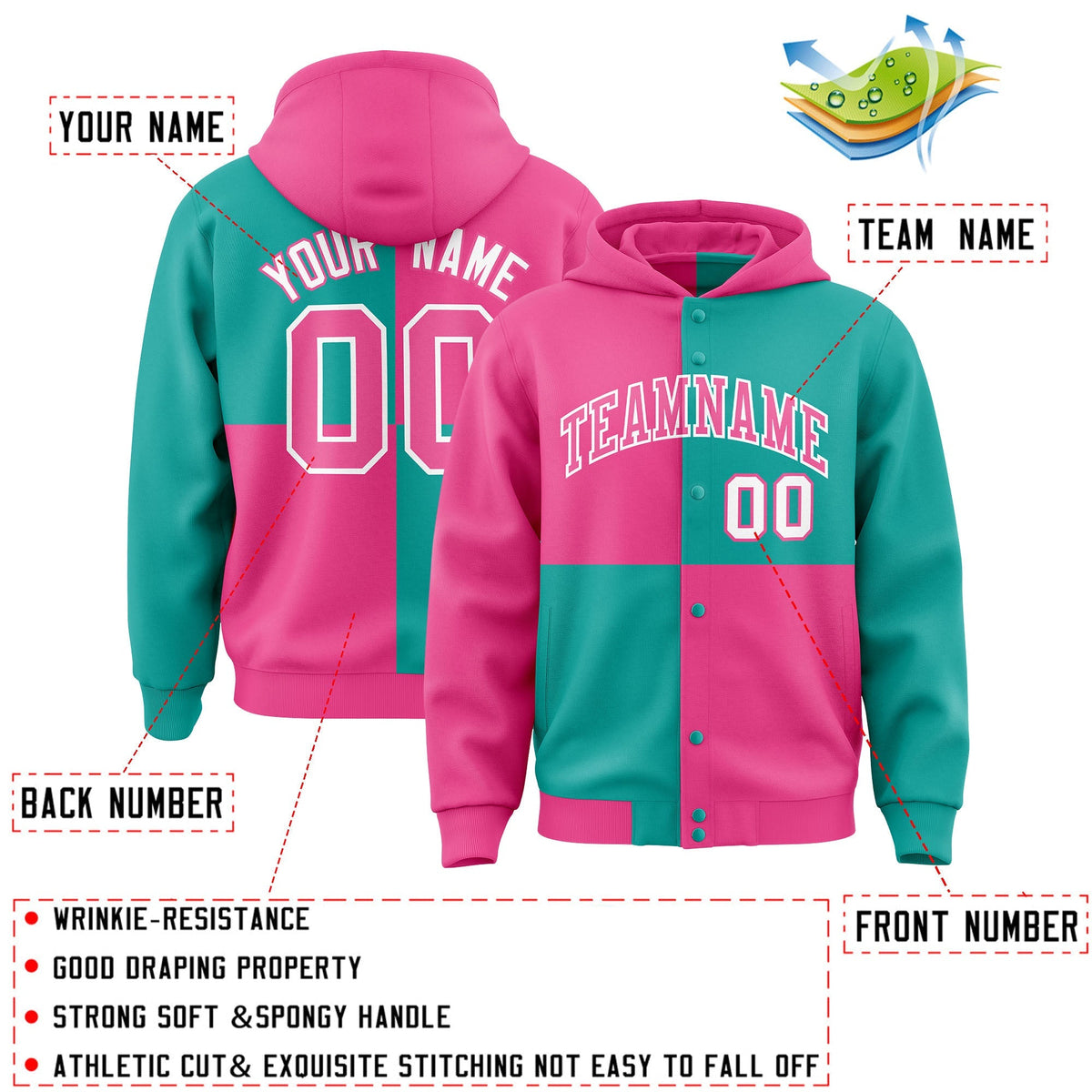 Custom Pink Aqua Varsity Full-Snap Four Squares Color Block Letterman Jacket Hoodie| KXKSHOP