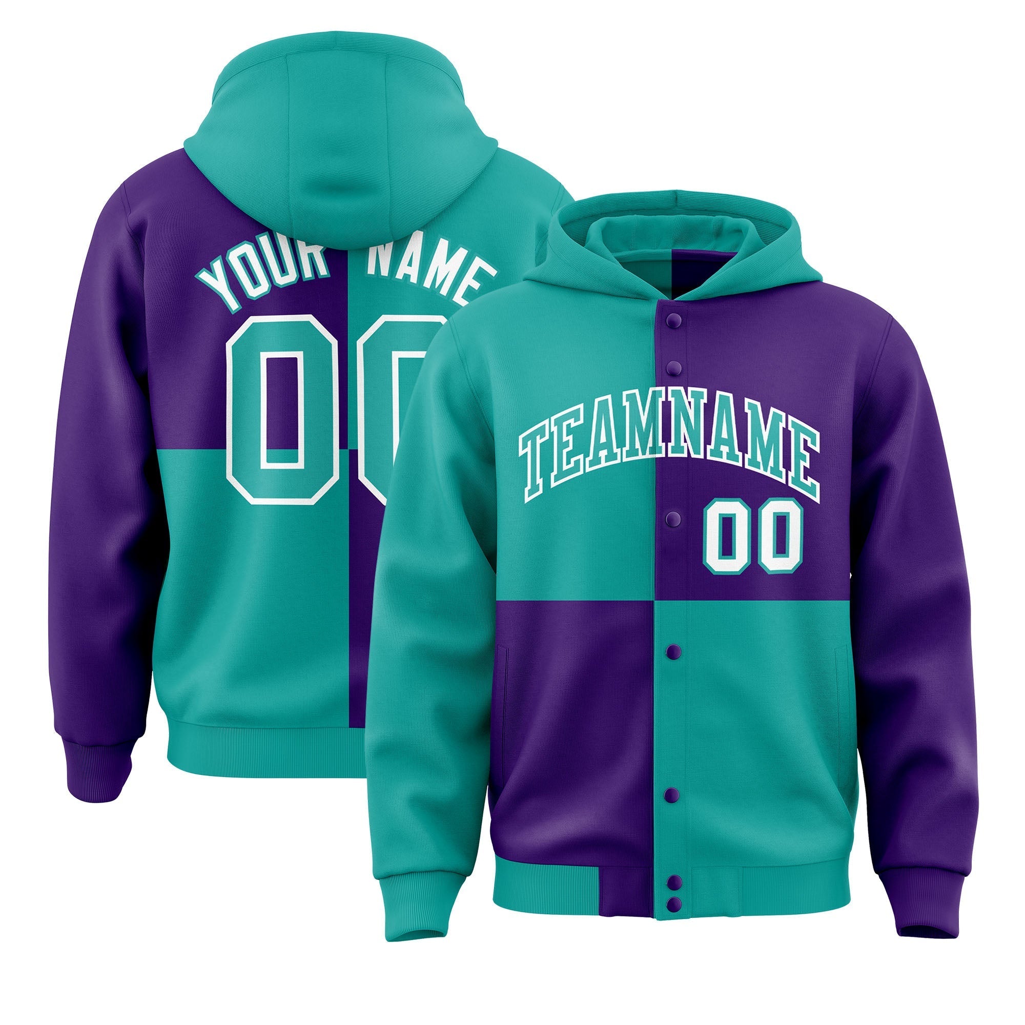 Custom Aqua Purple Varsity Full-Snap Four Squares Color Block Letterman Jacket Hoodie| KXKSHOP