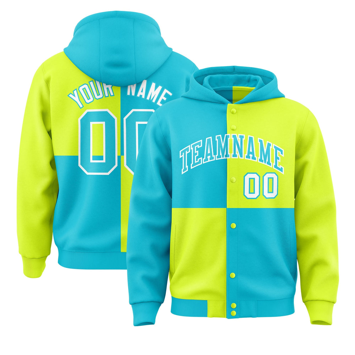 Custom Sky Blue Green Varsity Full-Snap Four Squares Color Block Letterman Jacket Hoodie| KXKSHOP
