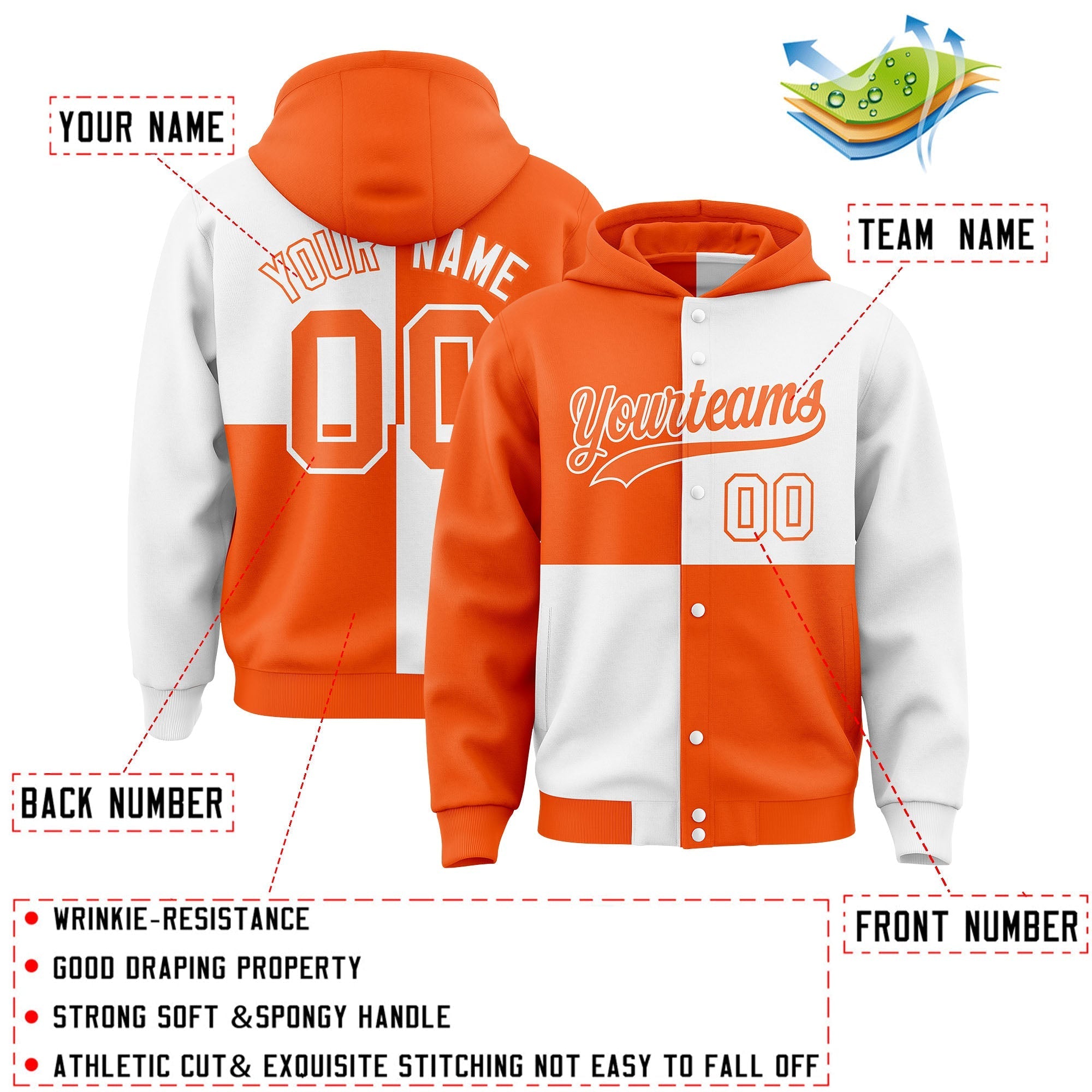 Custom Orange White Varsity Full-Snap Four Squares Color Block Letterman Jacket Hoodie| KXKSHOP