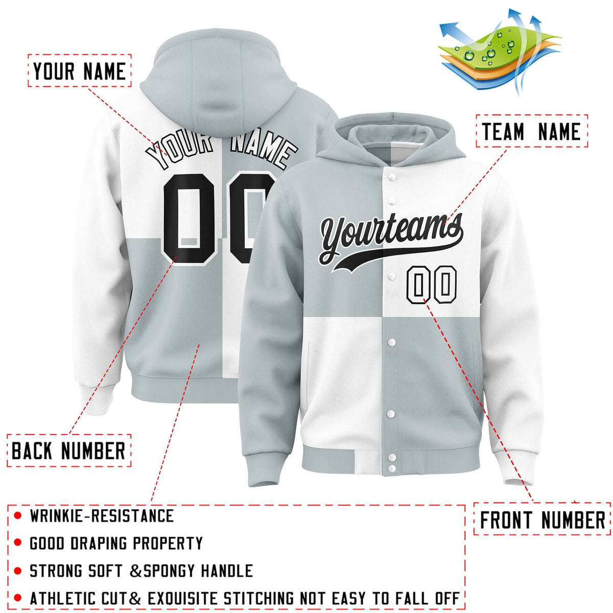 Custom Silver White Varsity Full-Snap Four Squares Color Block Letterman Jacket Hoodie| KXKSHOP