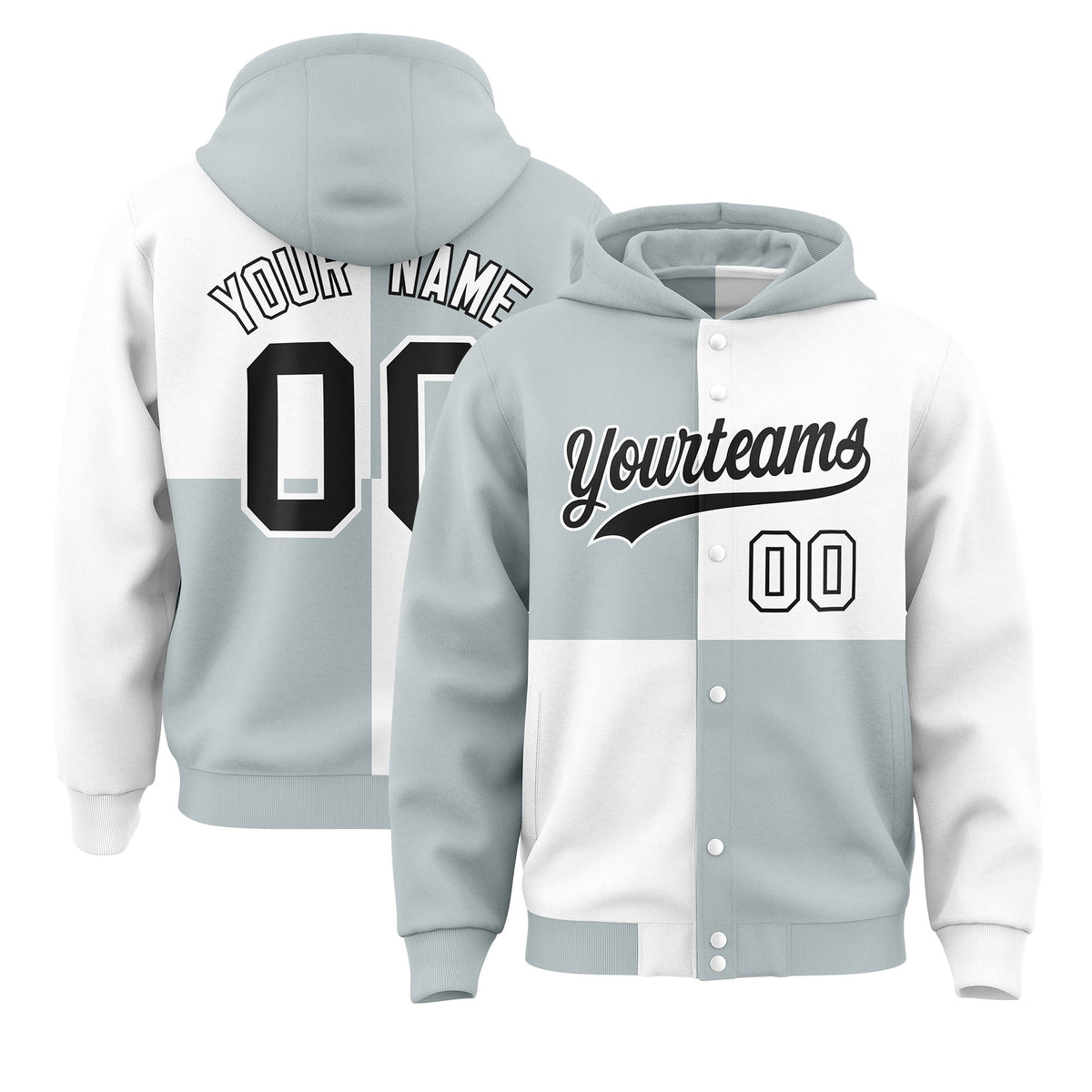 Custom Silver White Varsity Full-Snap Four Squares Color Block Letterman Jacket Hoodie| KXKSHOP