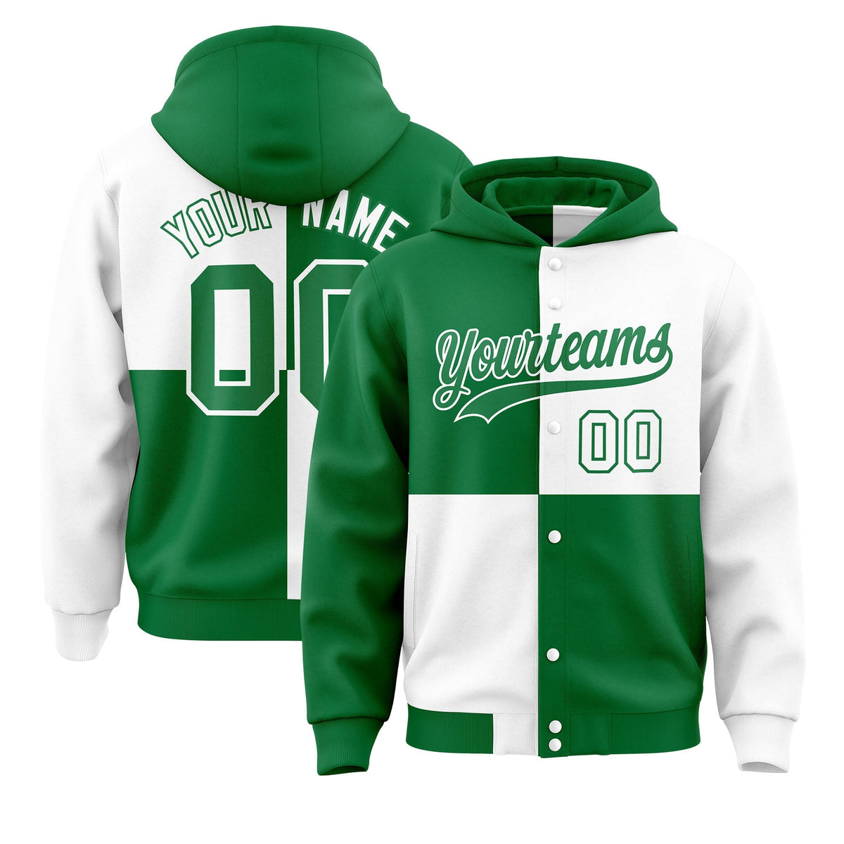 Custom Kelly Green White Varsity Full-Snap Four Squares Color Block Letterman Jacket Hoodie| KXKSHOP